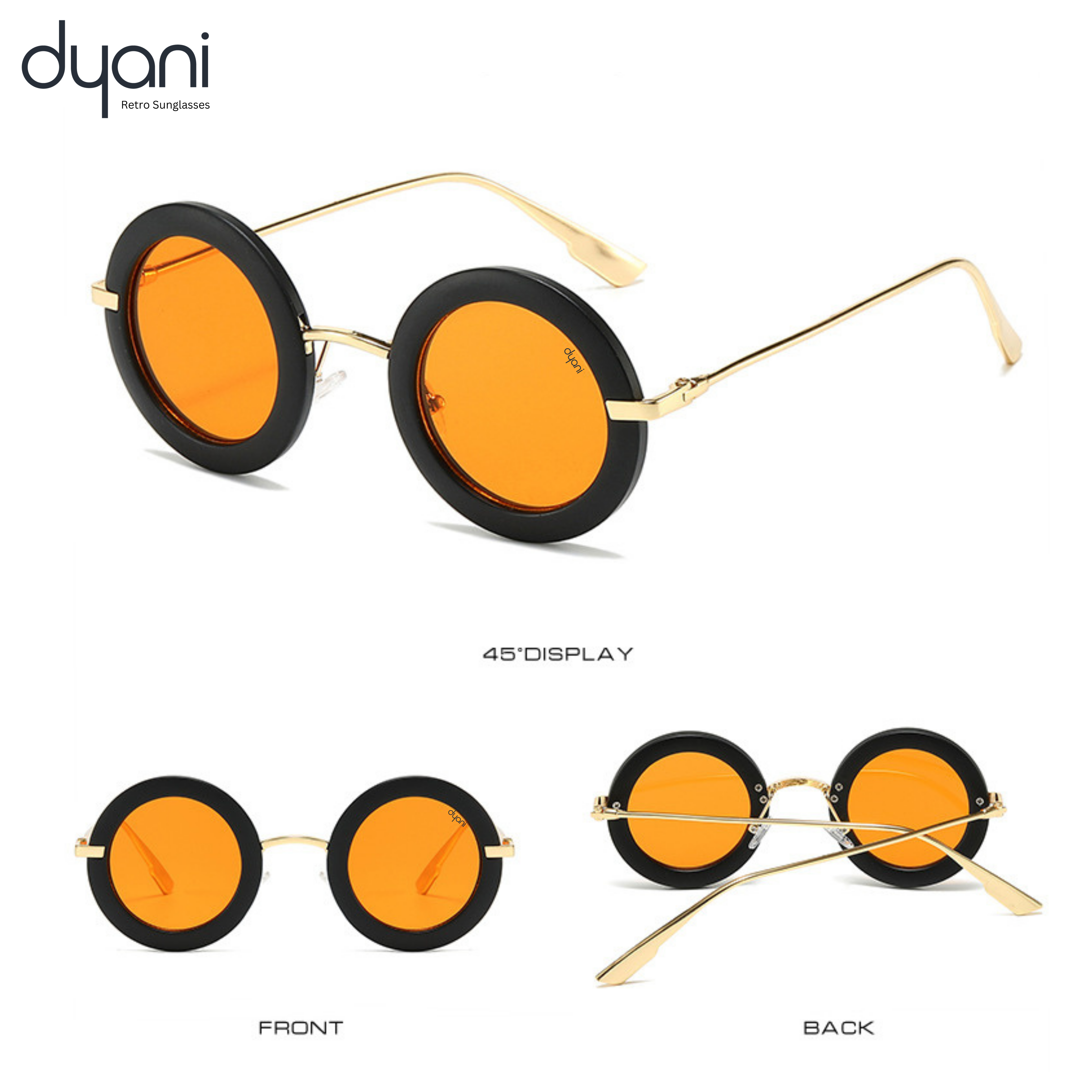 Solaris round-frame sunglasses with orange lenses and metal arms by Dyani, blending vintage style with modern flair