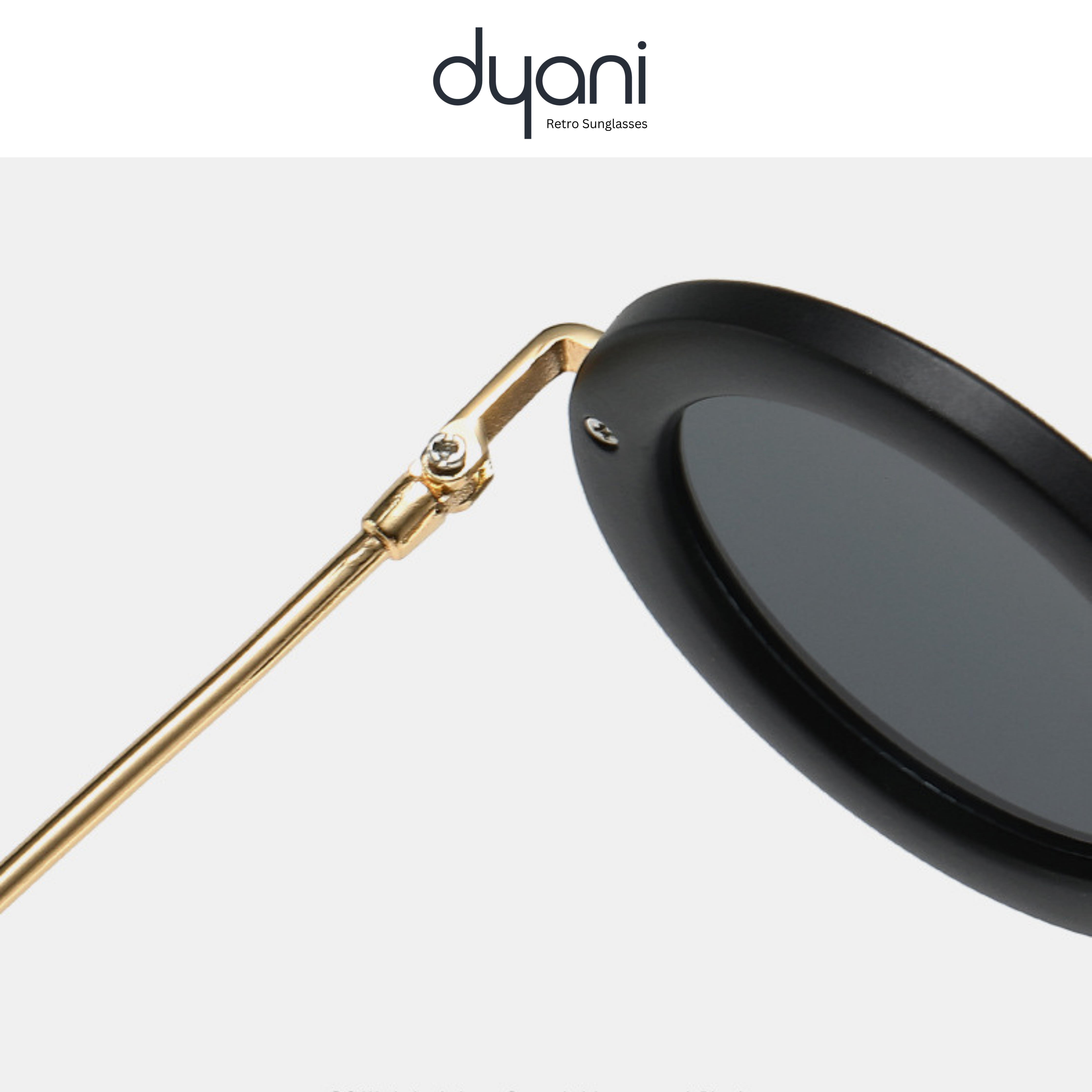 Close-up of Solaris round-frame sunglasses by Dyani, featuring metal arms and a bold rim design, blending vintage style with modern flair.