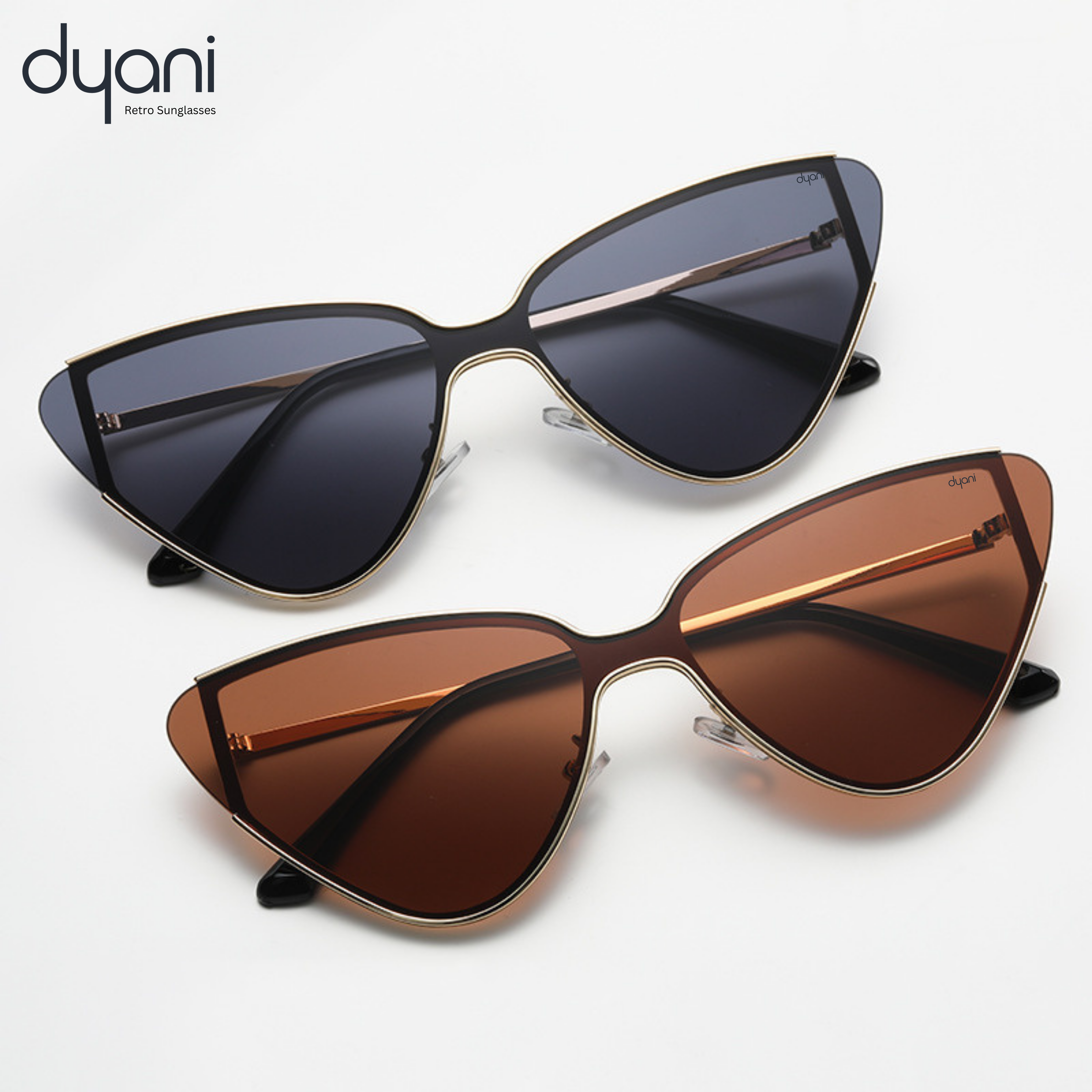 Dyani cat-eye sunglasses with gold frame and dark lenses on white background, sleek and stylish design.