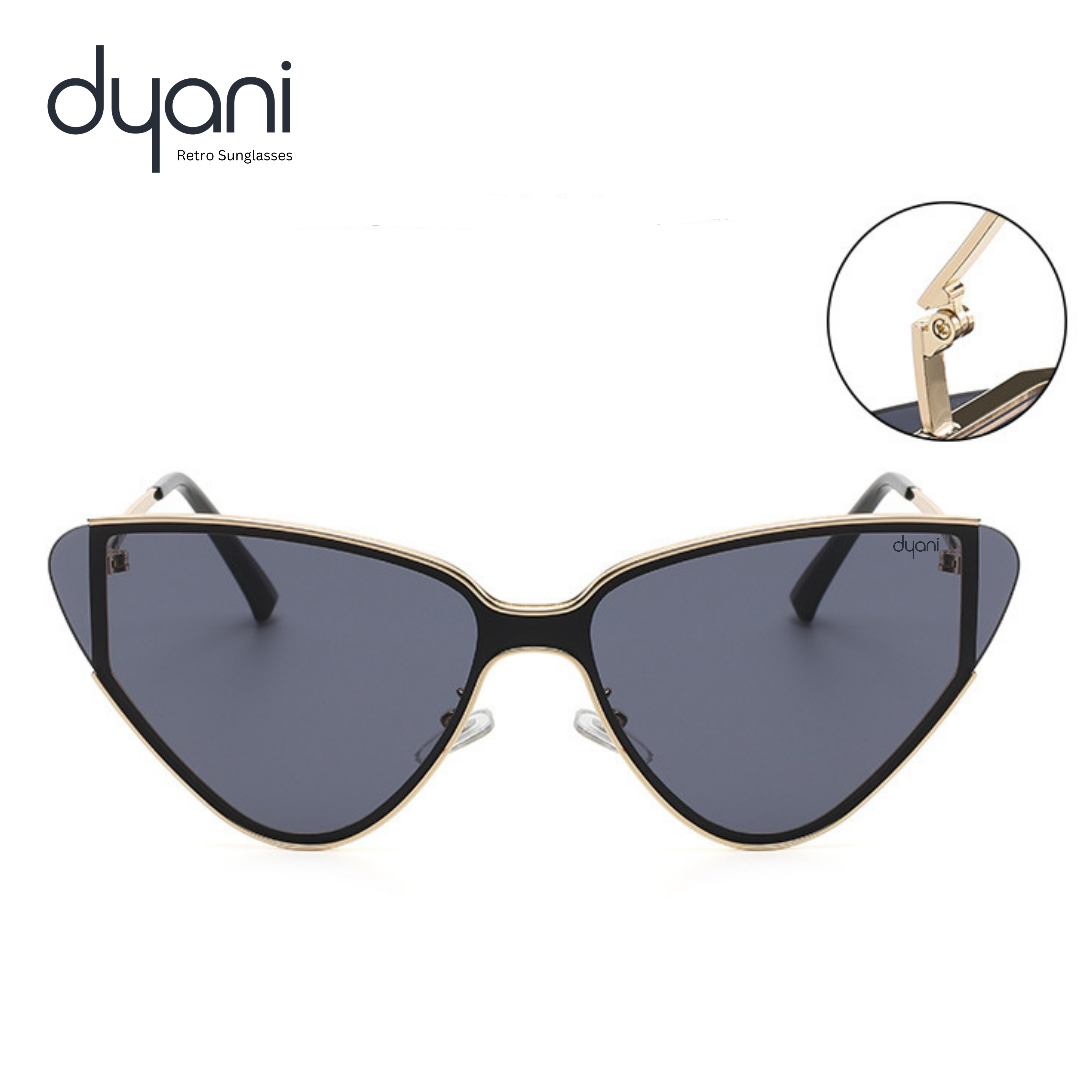 Cat-eye sunglasses with gold frame and dark lenses, branded 'dyani', on a white background, showcasing sleek and angular lines.