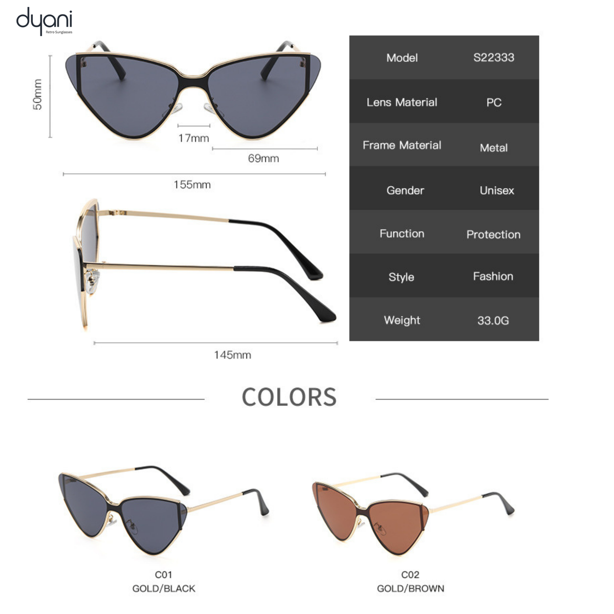 Dyani cat-eye sunglasses with gold frame and dark lenses, showcasing measurements and available colors on a white background.