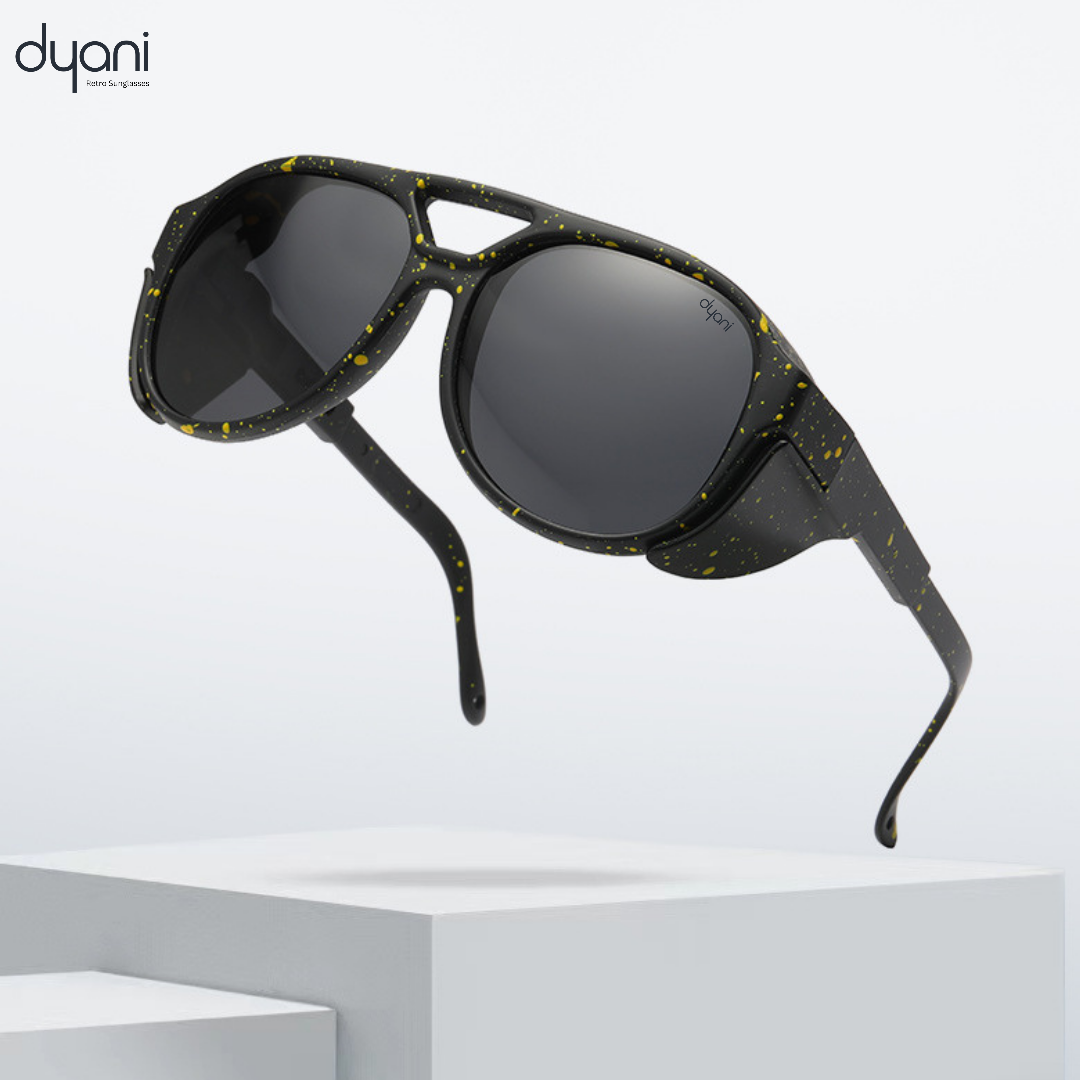 Dyani Stardust sunglasses with vibrant cosmic flecks, retro round frame, perfect for making a statement at afterparties or sunrise sets.