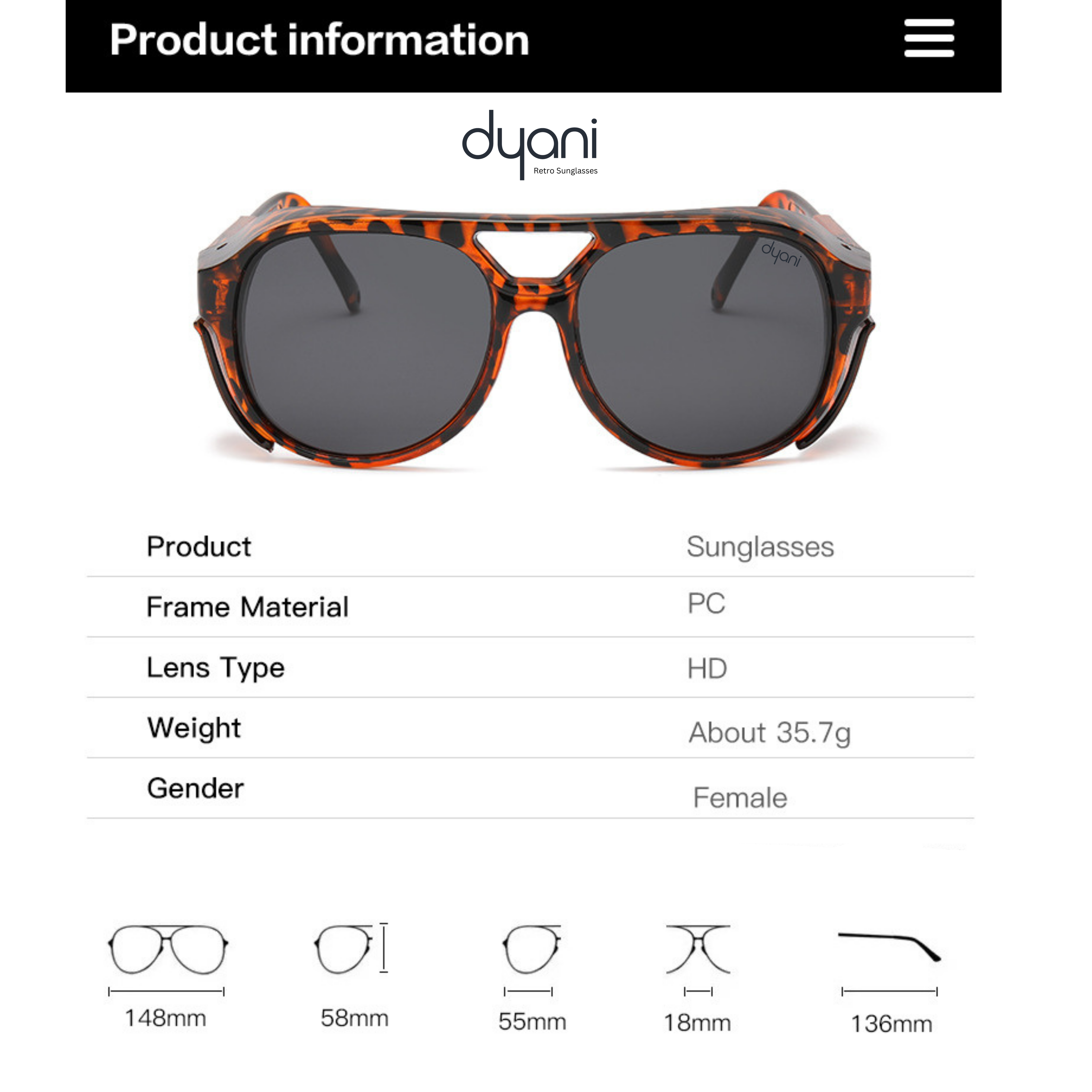 Dyani Stardust sunglasses with retro frame and vibrant colors, featuring product details such as size, material, and lens type.