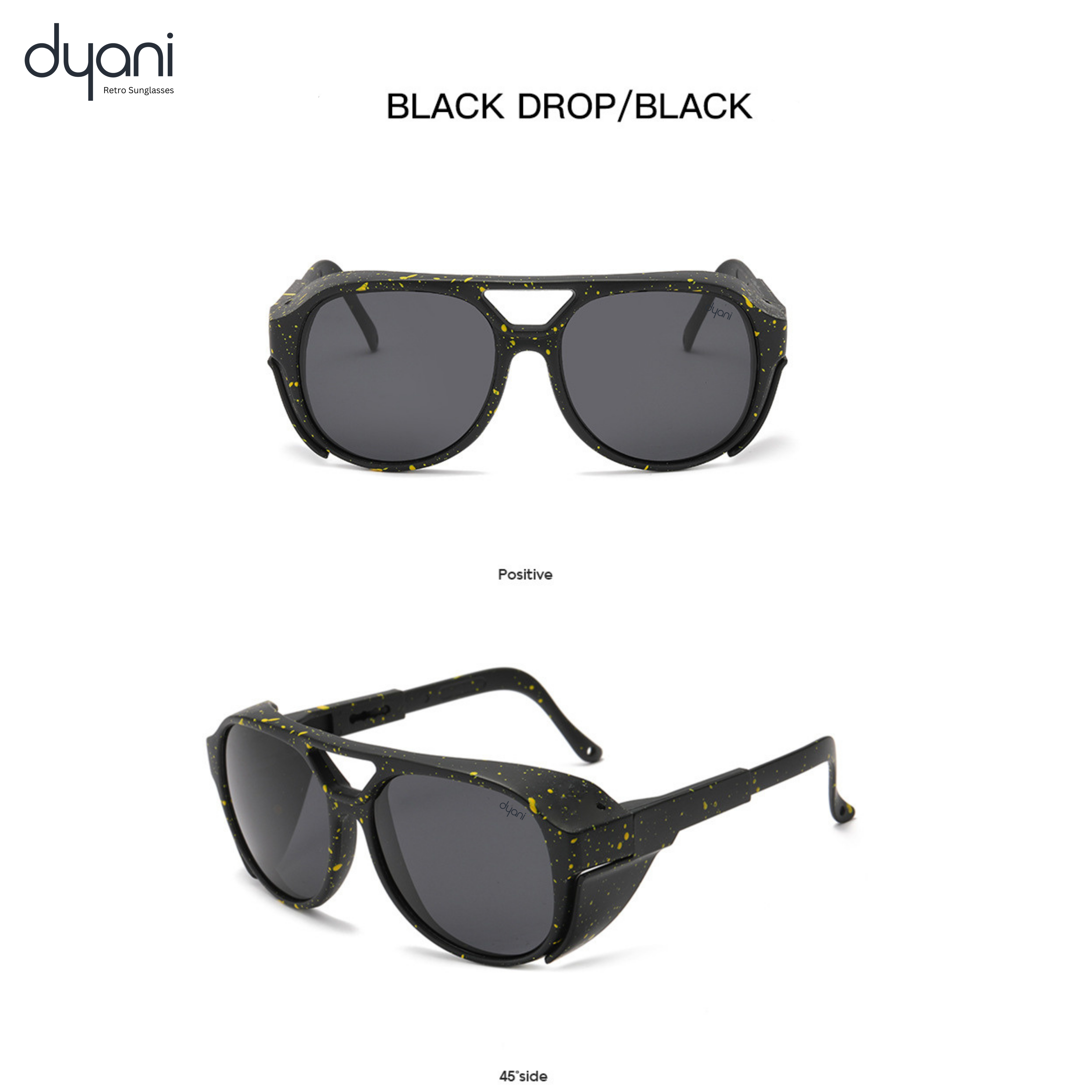 Dyani Stardust sunglasses with black frame and vibrant color flecks, round retro design, side and front view. #DyaniSunglasses
