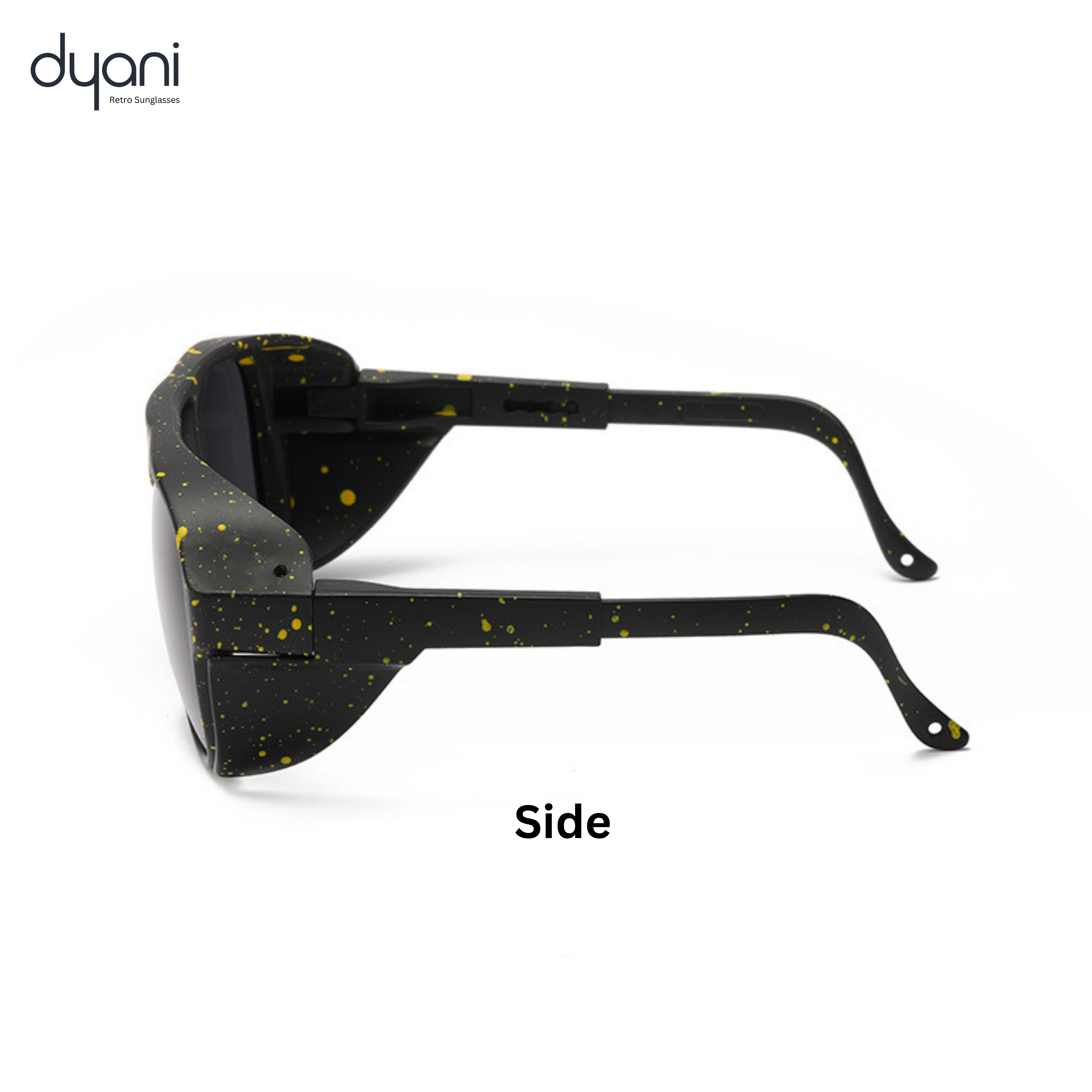 Side view of Dyani Stardust sunglasses with retro round frame and vibrant color flecks, showcasing unique texture and style.