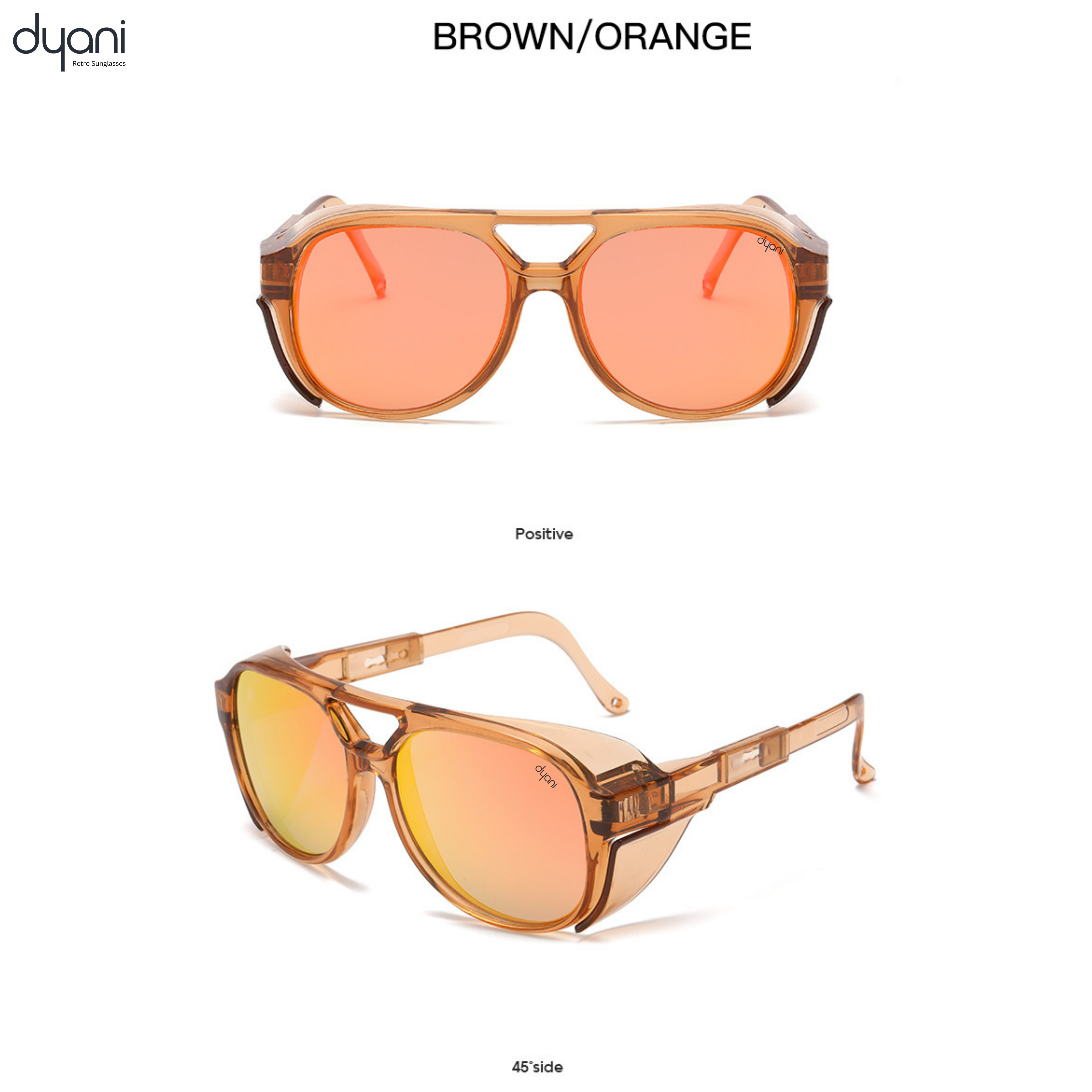Alt Tag: Dyani Stardust sunglasses, brown-orange round frame with angular detailing, perfect for afterparties to sunrise sets.