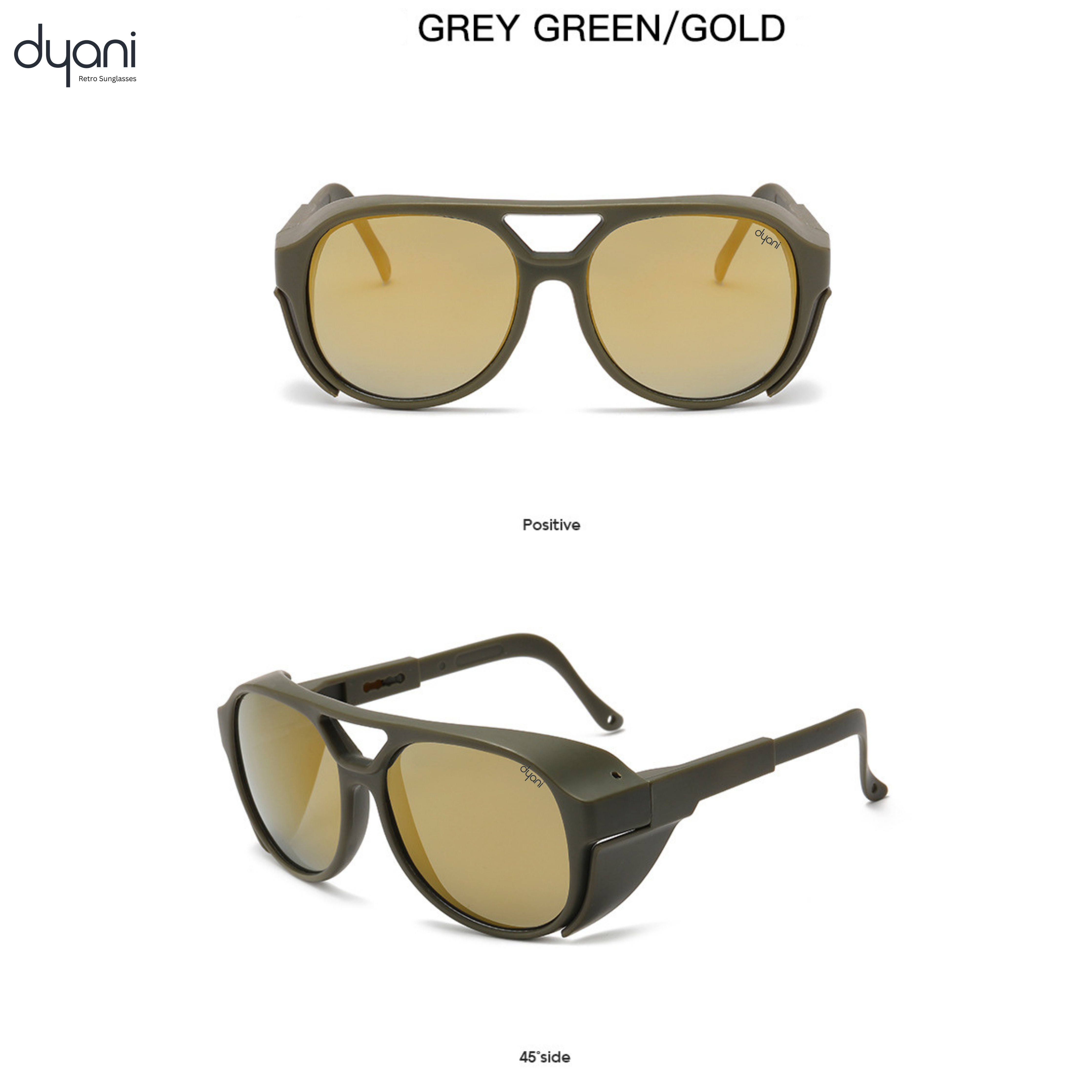Dyani Sunglasses in grey green and gold with rounded frames and angular detailing, shown in front and side view angles.