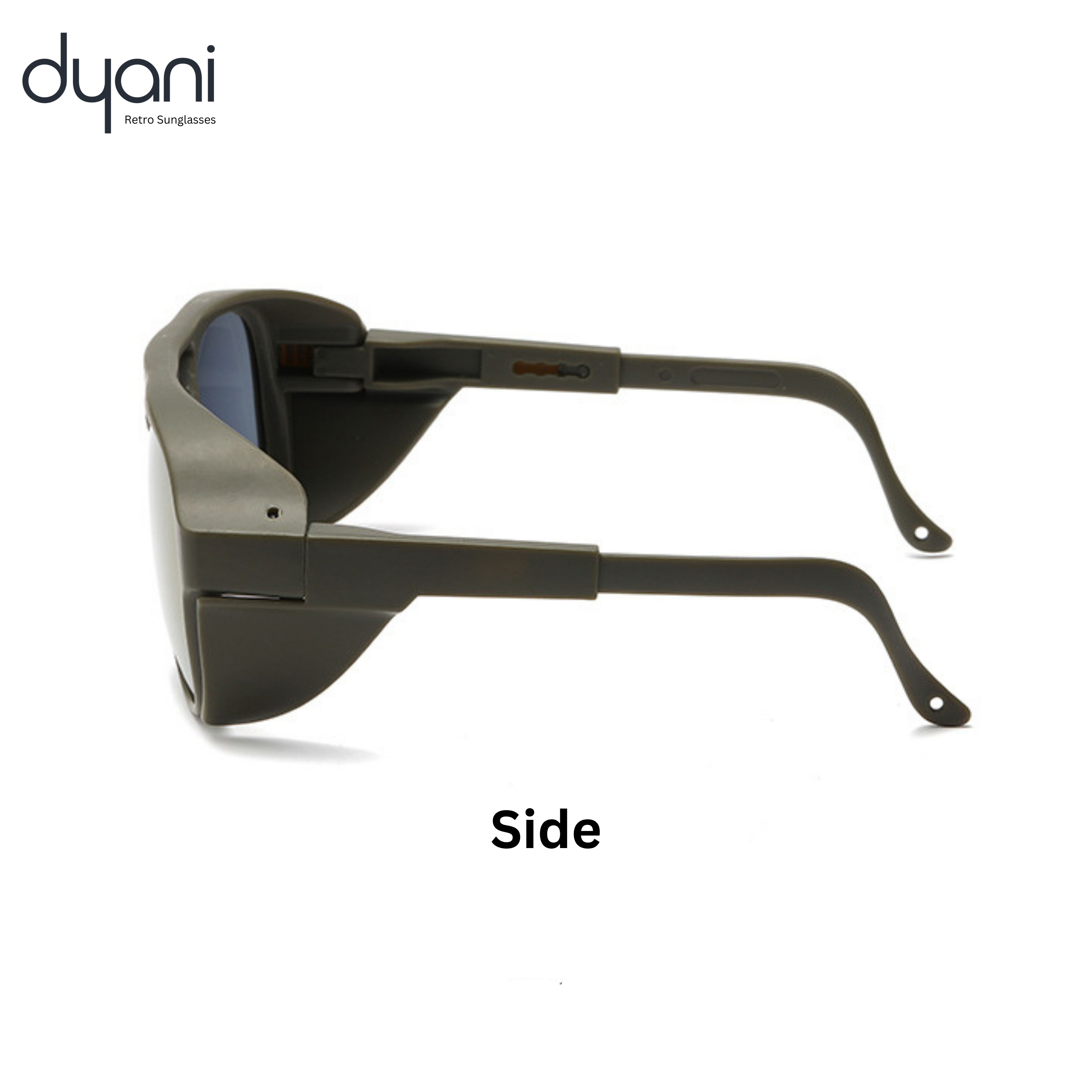 Side view of Dyani sunglasses with retro round frame and angular detailing, showing bold design and unique style.