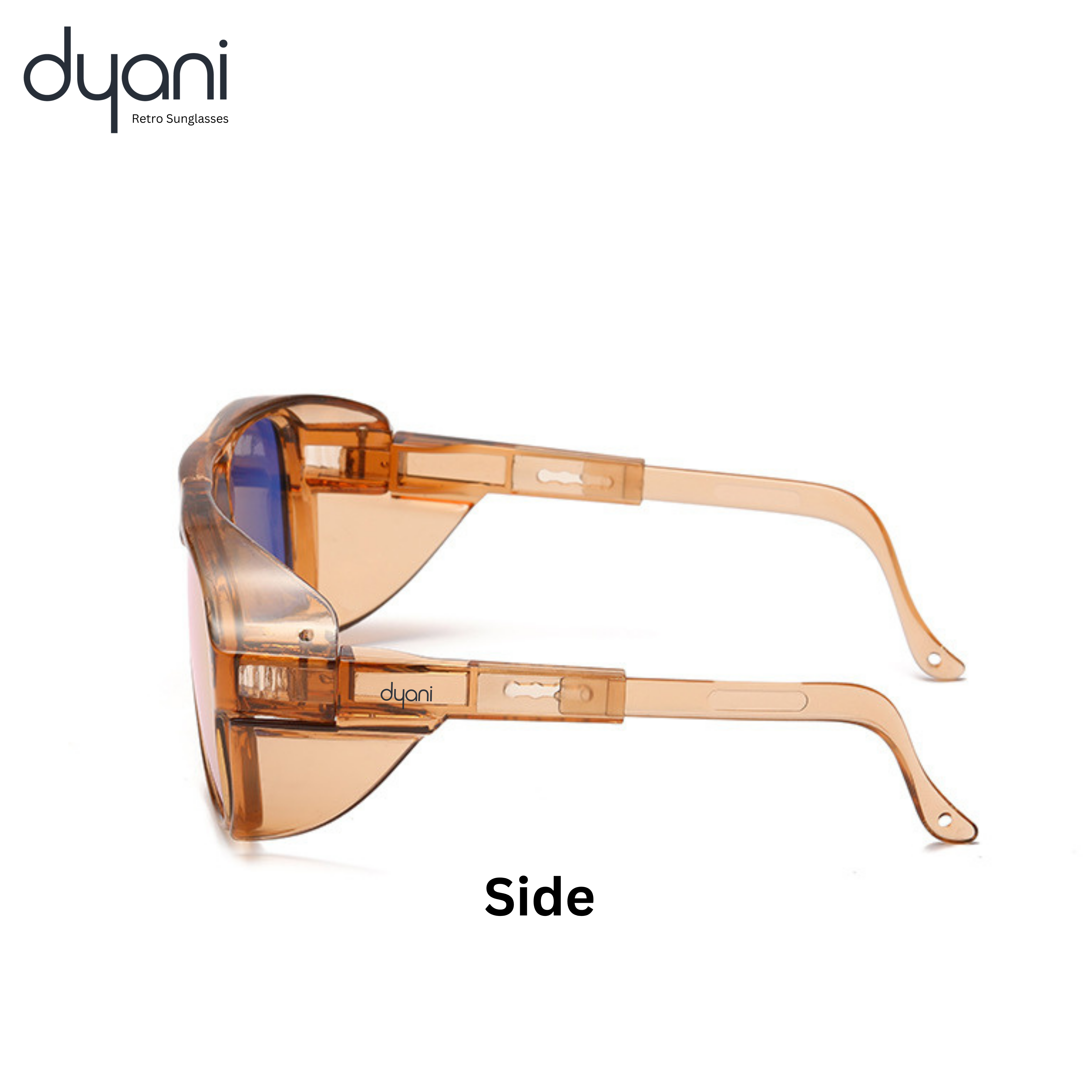 Side view of Dyani Stardust sunglasses showing retro round frame with unique angular detailing and vibrant color flecks.