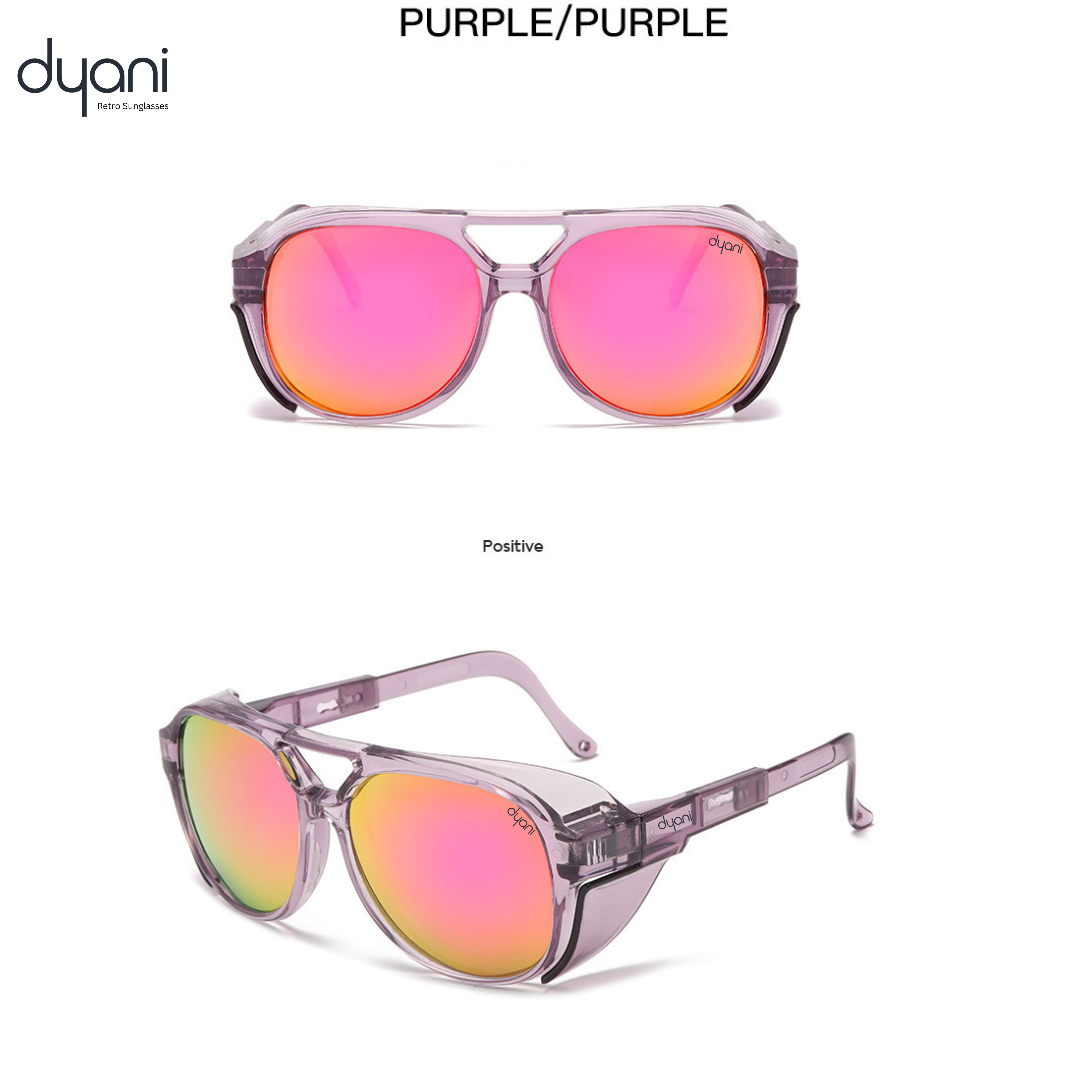 Dyani Sunglasses Stardust in purple with pink reflective lenses, featuring a retro round frame and angular detailing.