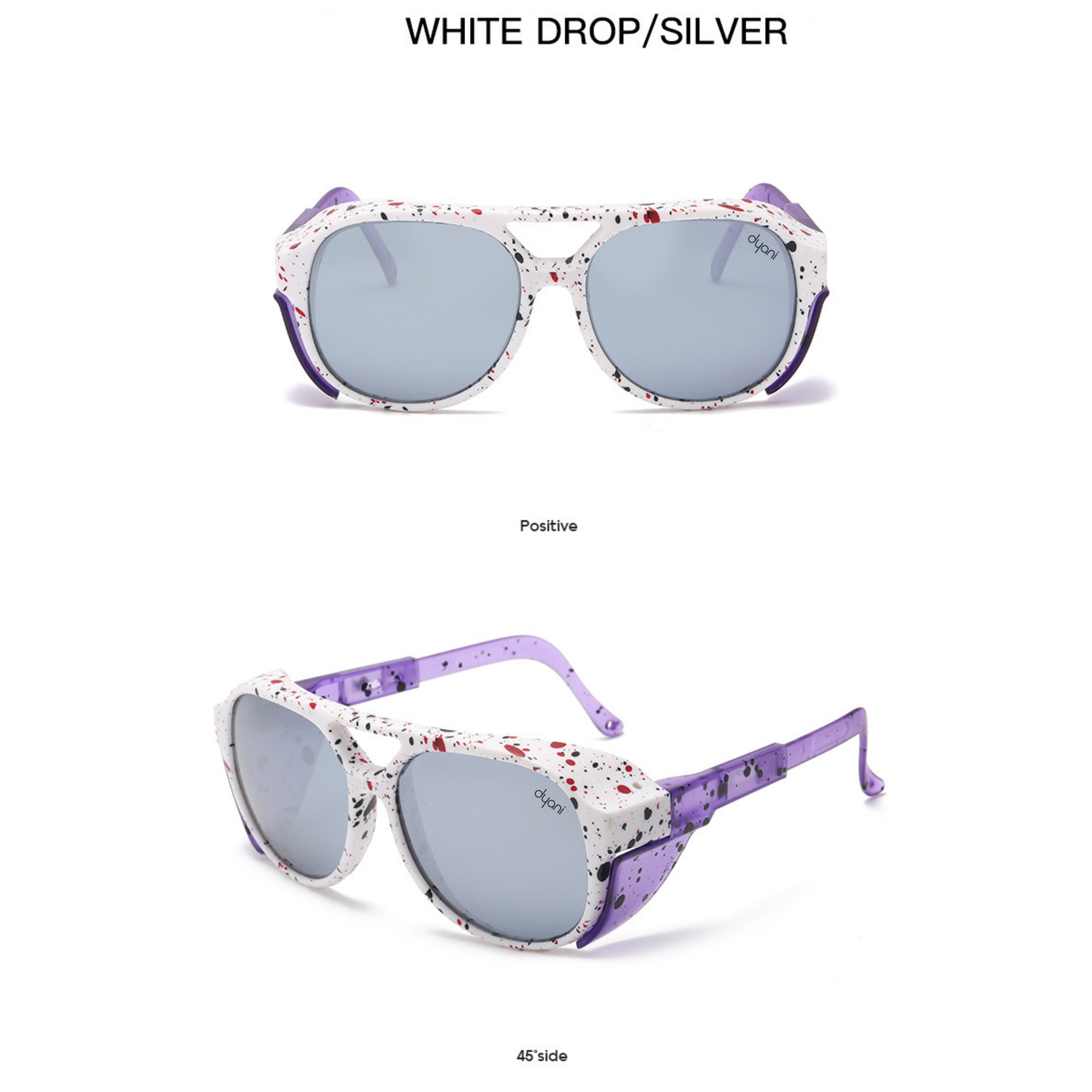 Dyani Stardust sunglasses with vibrant color flecks and rounded frame, showcasing retro style and unique texture for bold fashion statements.