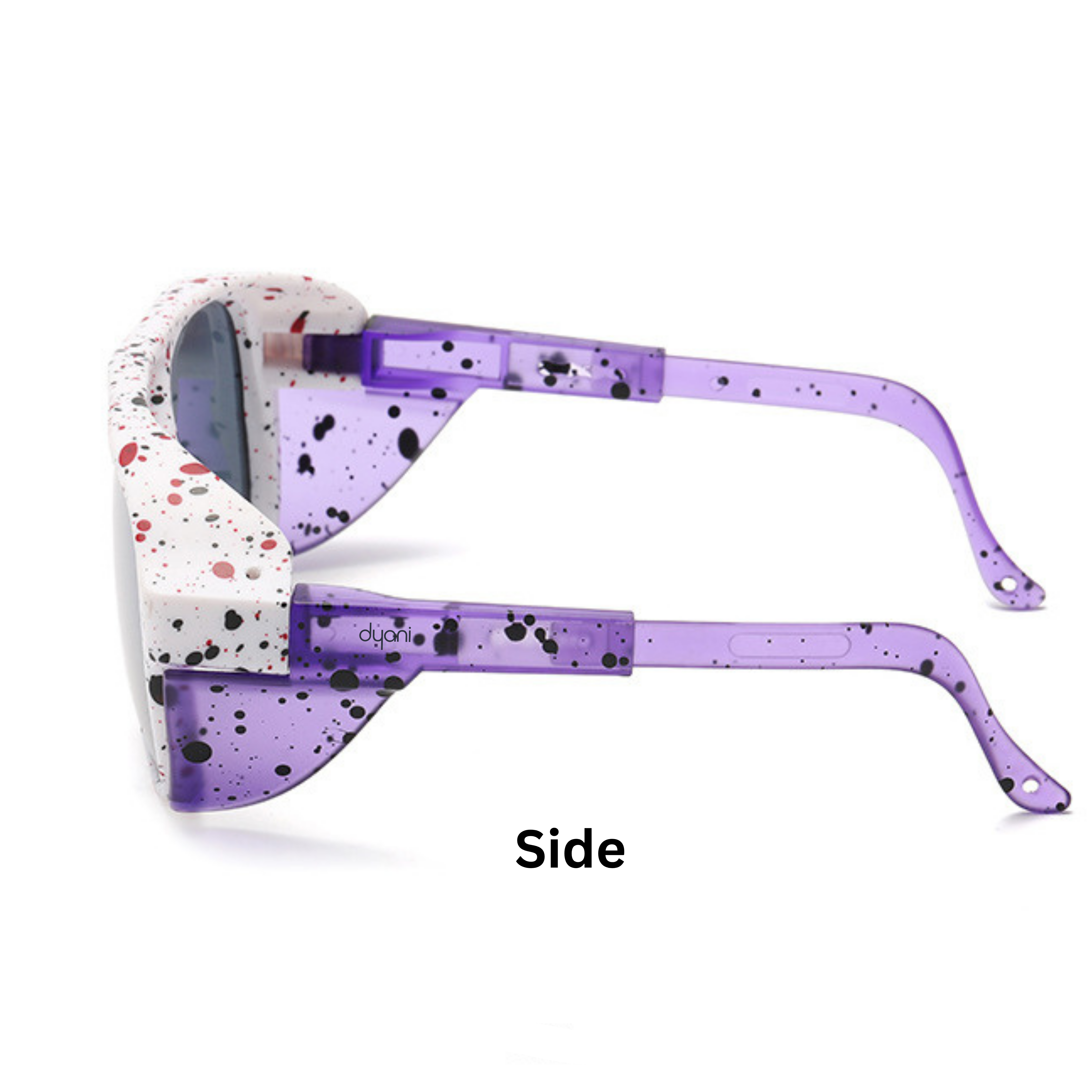 Side view of Dyani Stardust sunglasses with a vibrant frame, featuring purple and speckled detailing, perfect for a bold statement look.