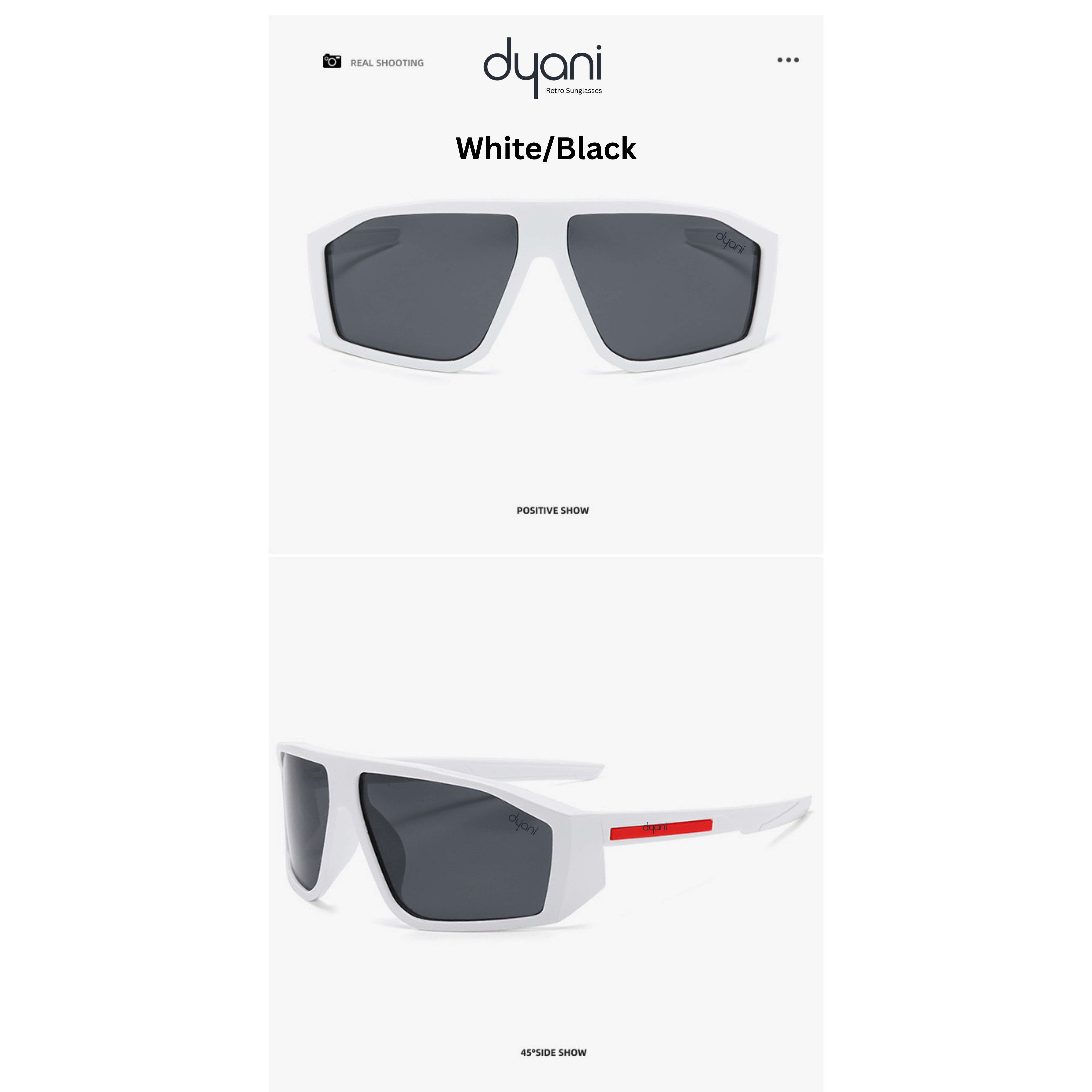 Dyani Velocity sunglasses in white/black with aerodynamic shield design and impact-resistant lenses for all-day performance.