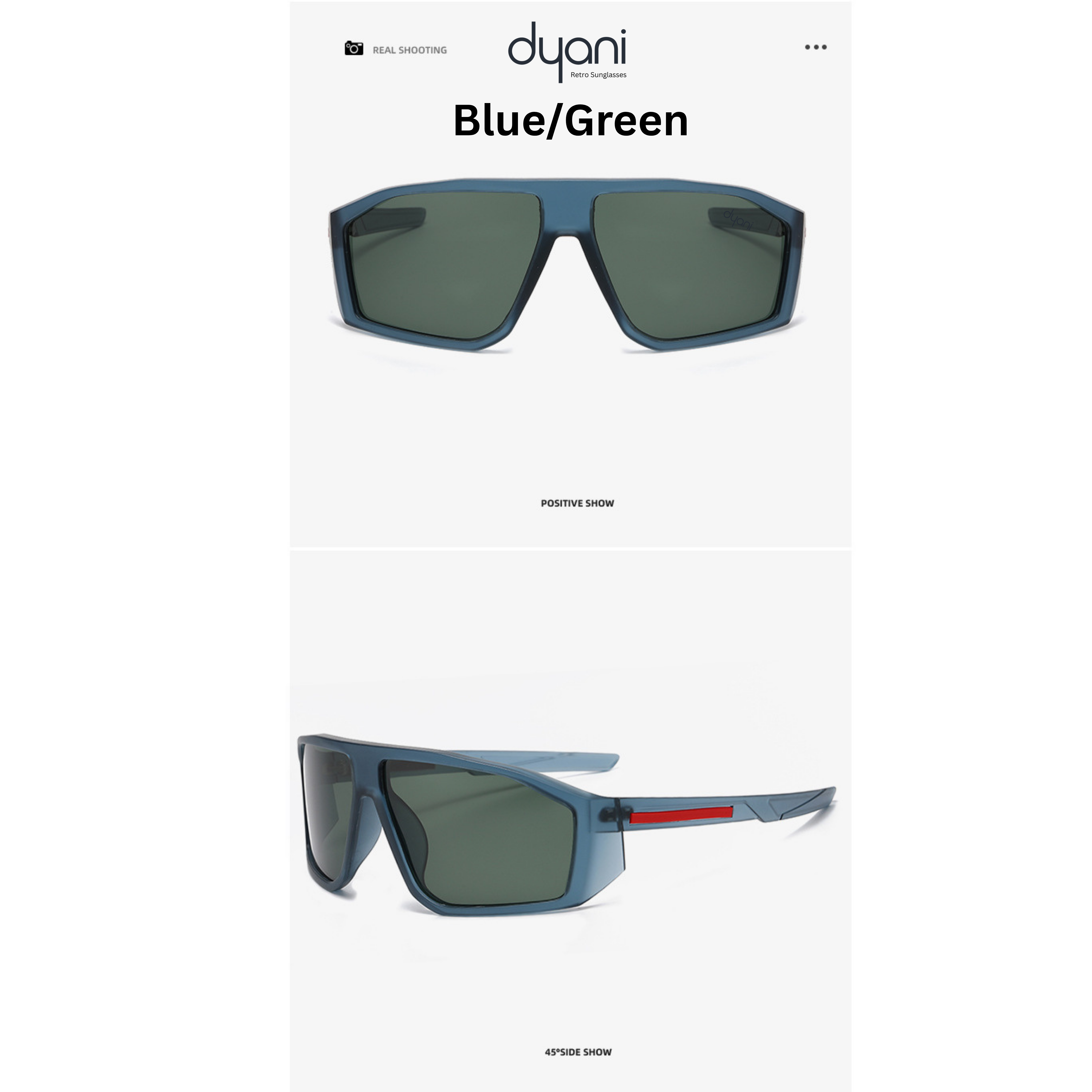Dyani Velocity sunglasses in blue/green with sleek wraparound shield design, aerodynamic and impact-resistant lenses.