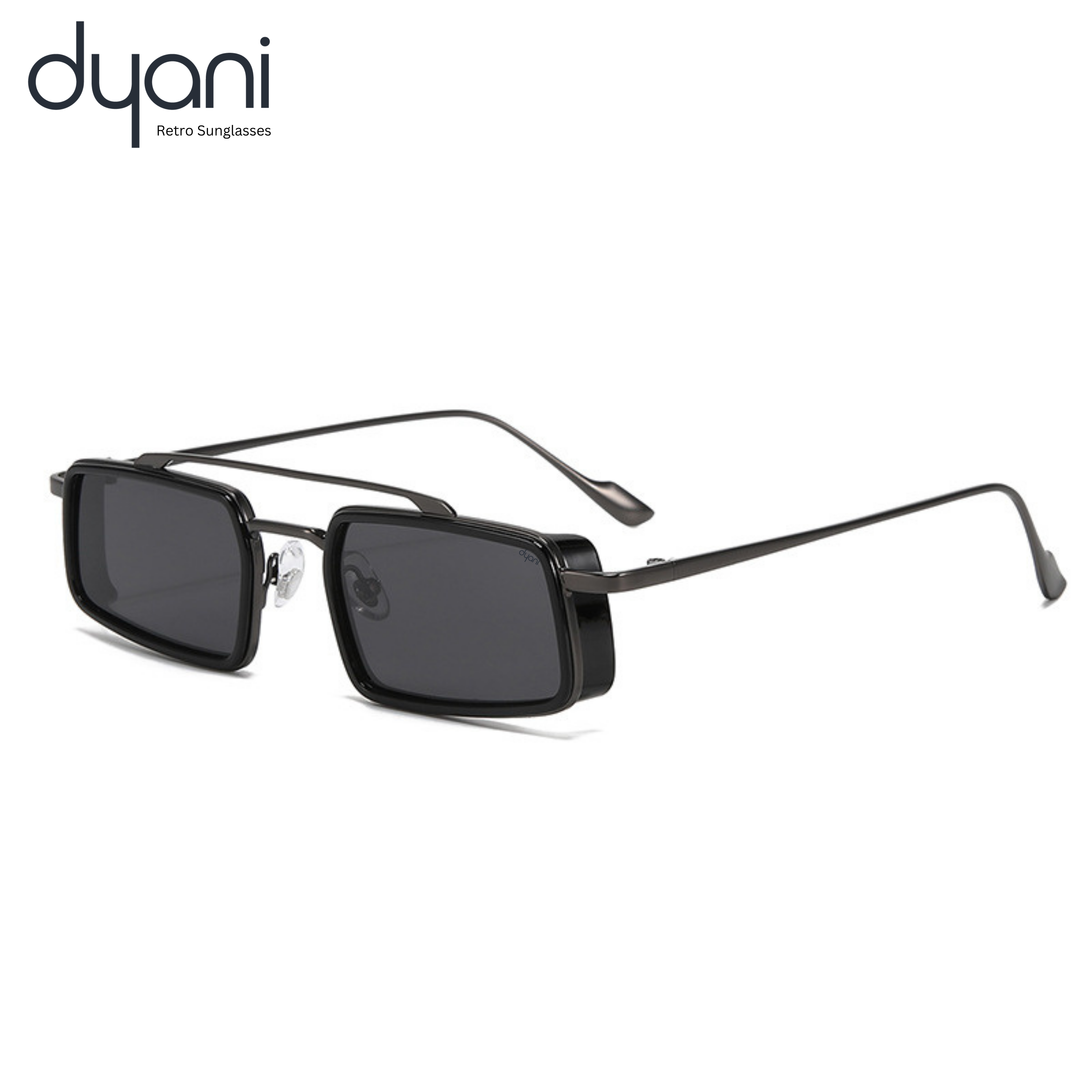The Zaza sunglasses featuring clean lines with bold black lenses, minimalist rectangular frame, and standout side accents for cosmic cool style.
