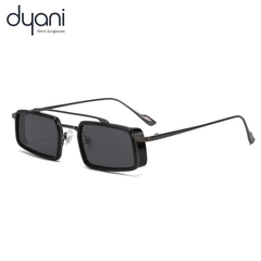 The Zaza sunglasses featuring clean lines with bold black lenses, minimalist rectangular frame, and standout side accents for cosmic cool style.