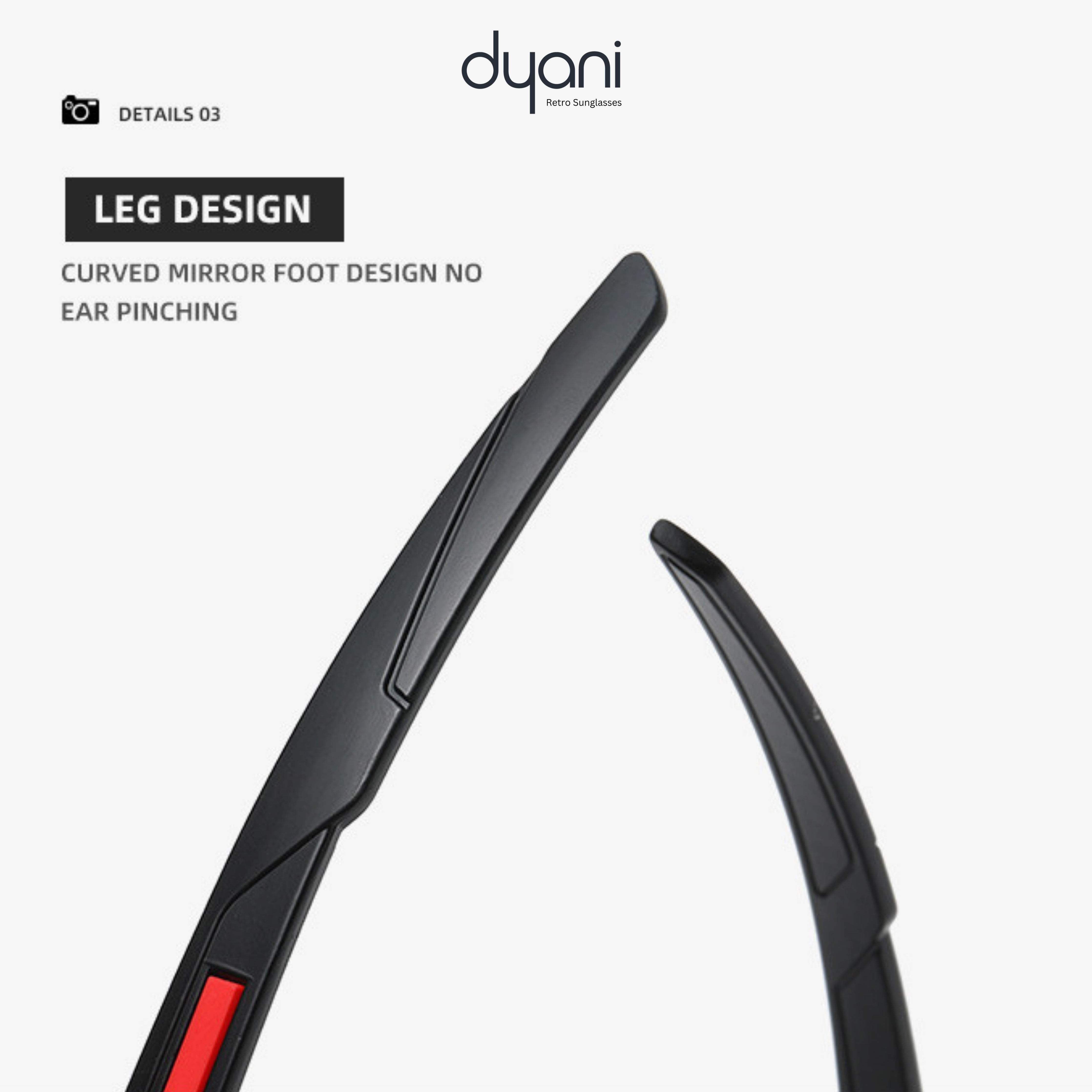Close-up of Dyani Velocity sunglasses with curved mirror foot design for no ear pinching.