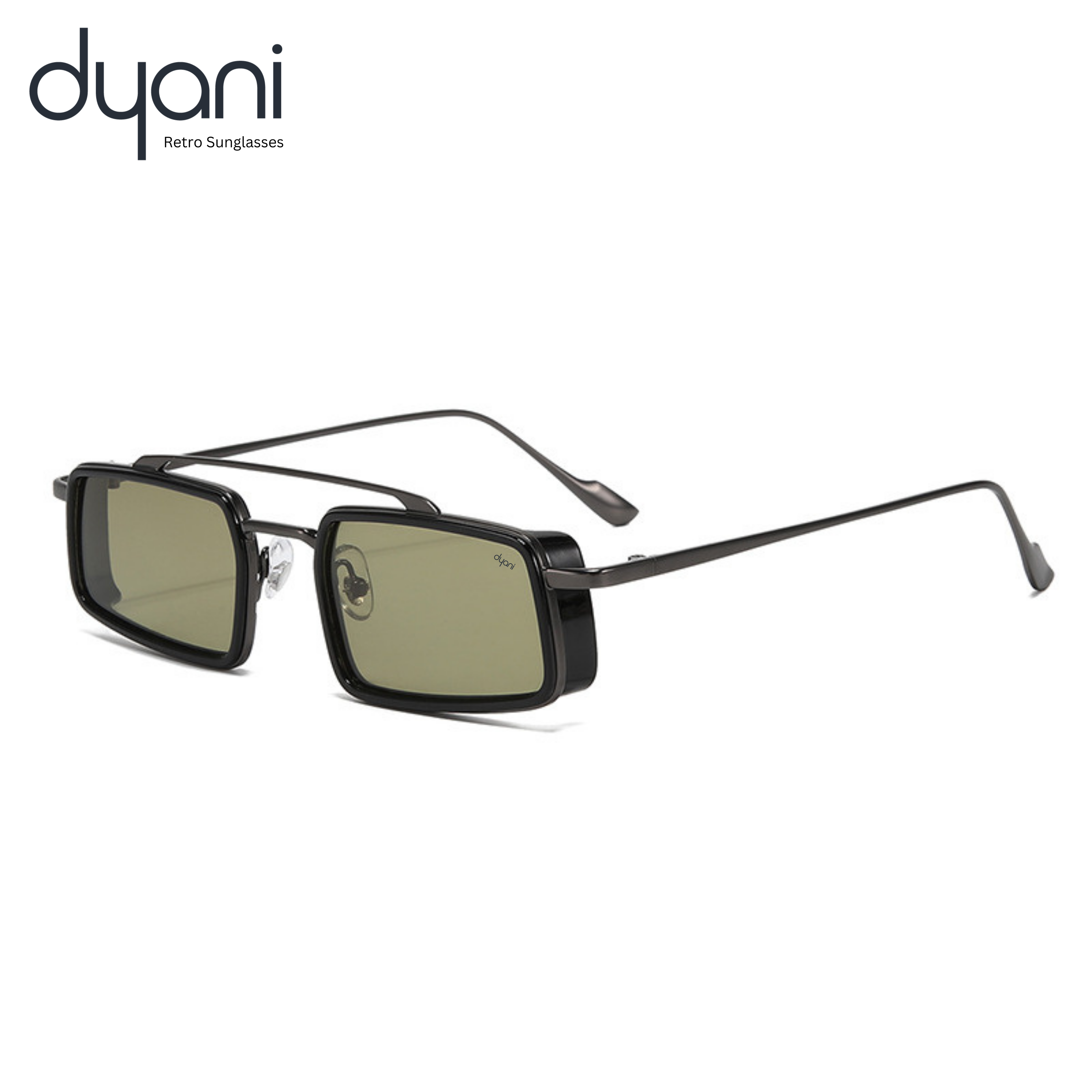 The Zaza rectangular sunglasses with bold lens colors and sleek side accents, ideal for a modern, futuristic look by Dyani Retro Sunglasses.