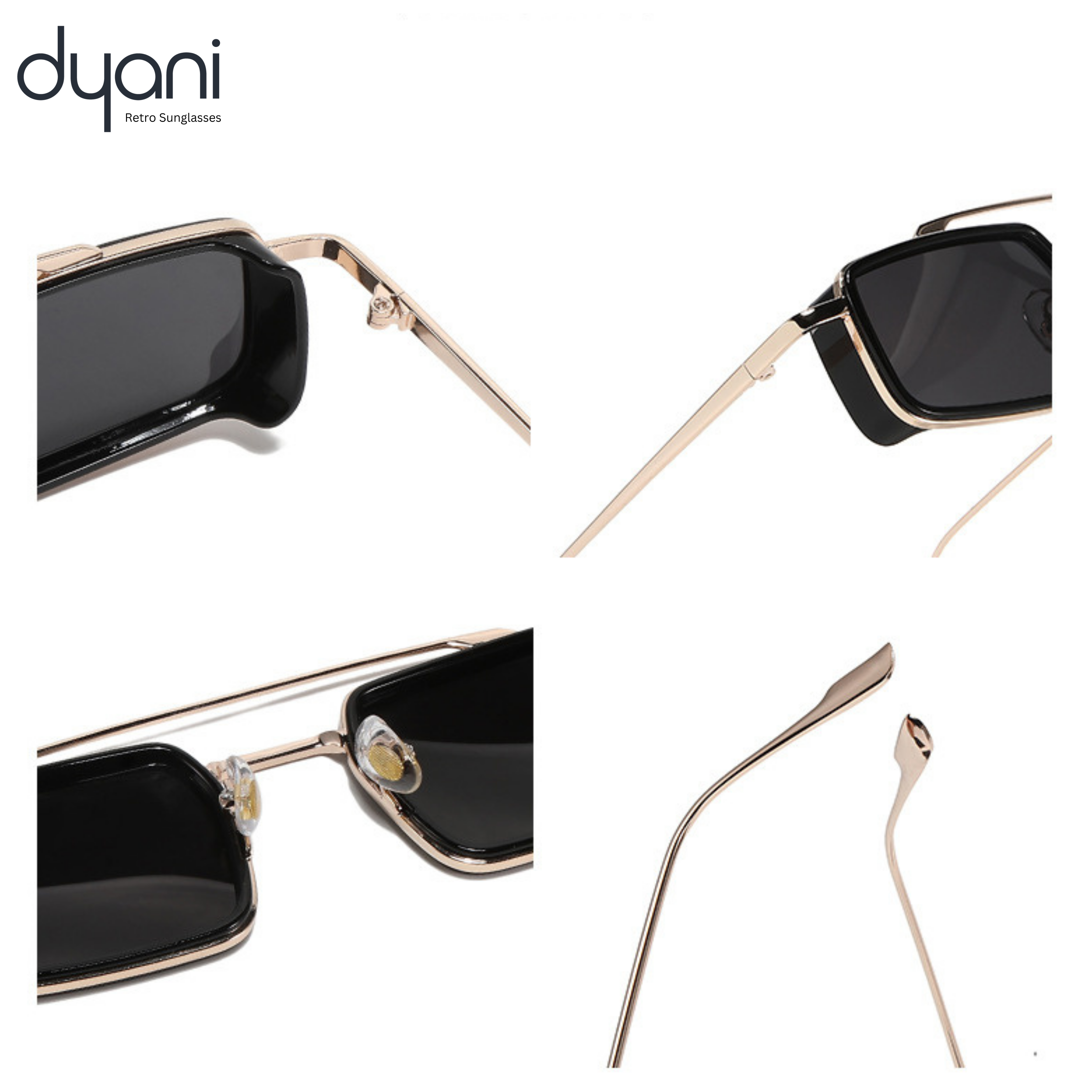 Close-up of The Zaza sunglasses with minimalist rectangular frame, bold lens colors, and standout side accents by dyani Retro Sunglasses.