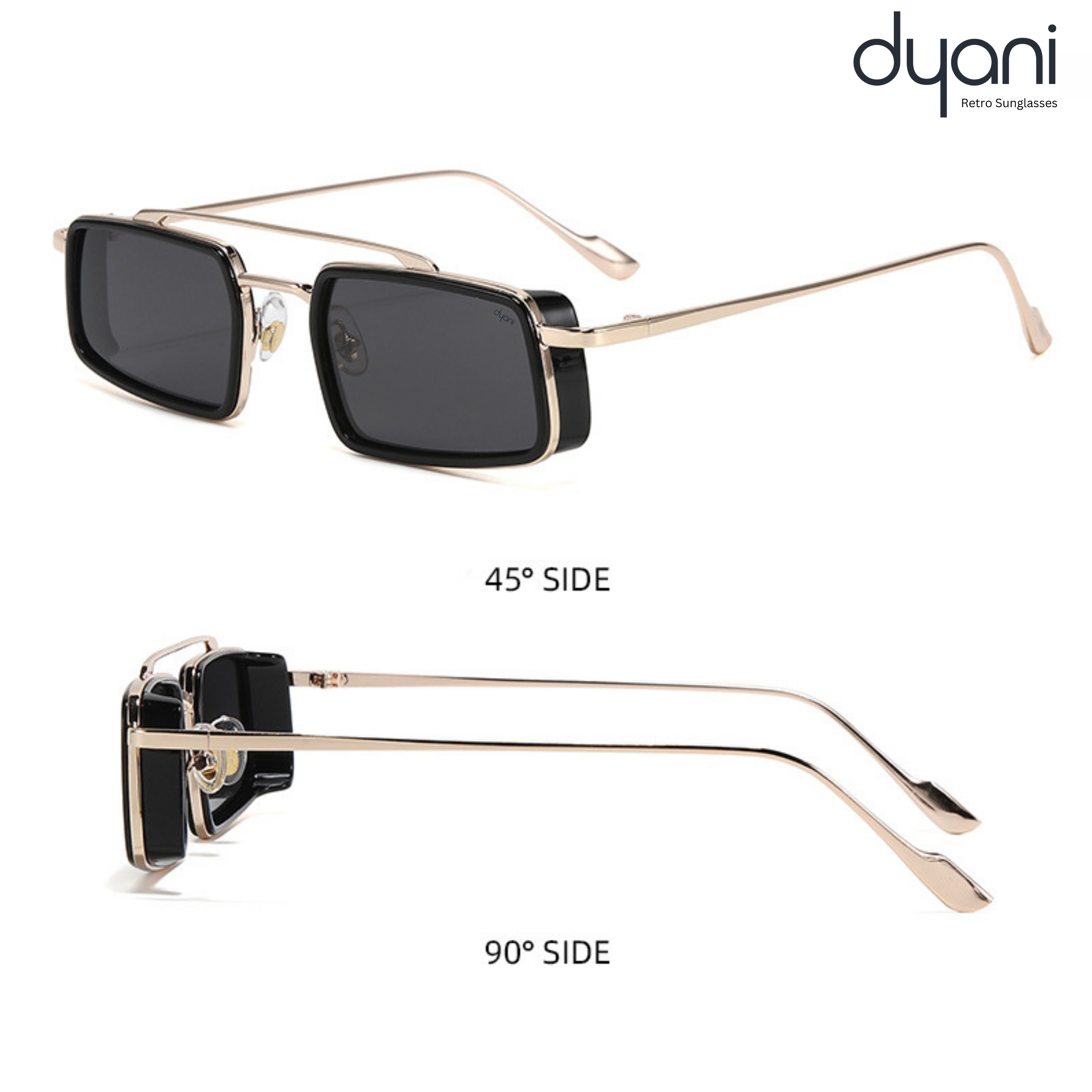 The Zaza sunglasses with minimalist rectangular frame, bold lens colors, and standout side accents for a futuristic look.