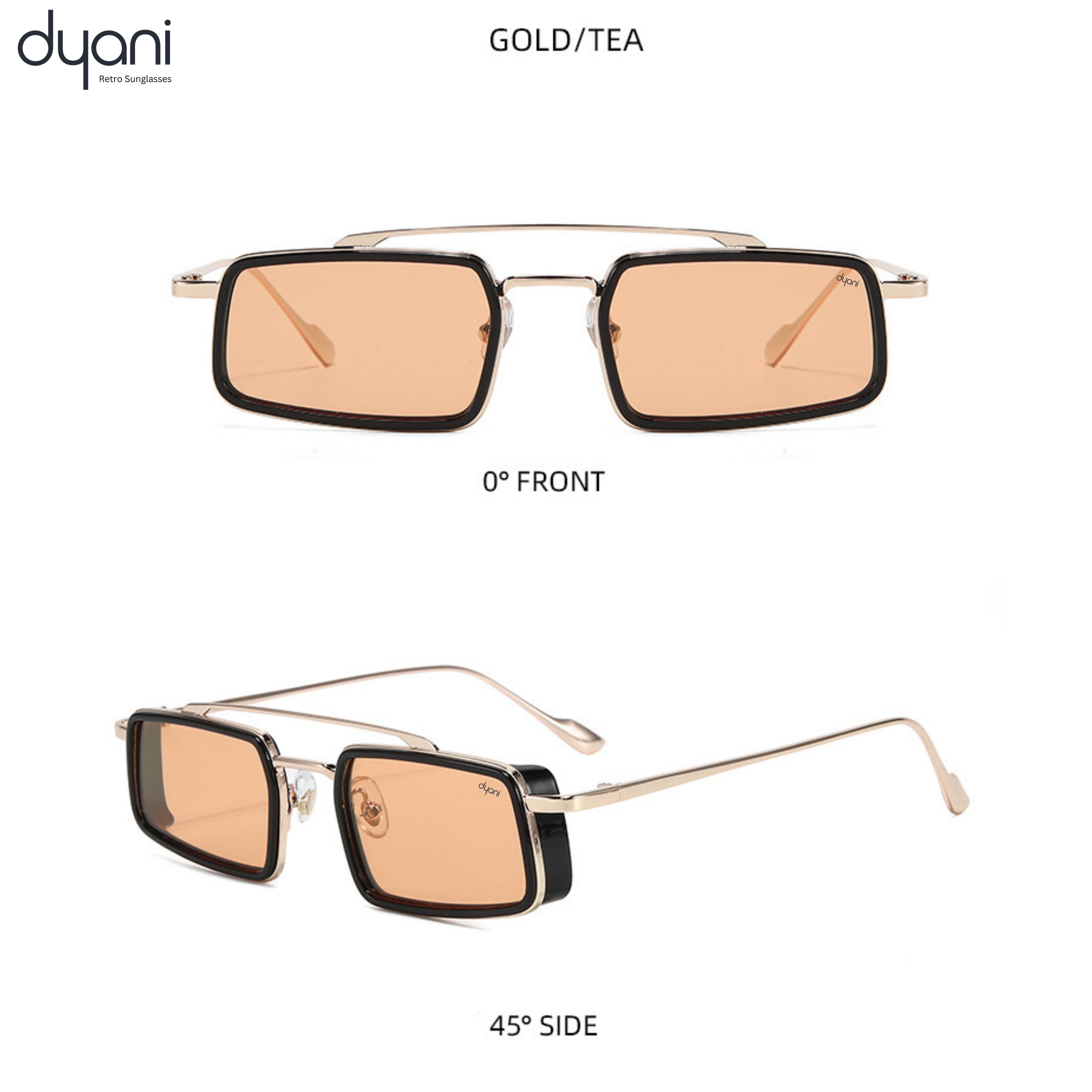 The Zaza sunglasses with minimalist rectangular frame in gold/tea, bold lenses, side accents, front and angled views.