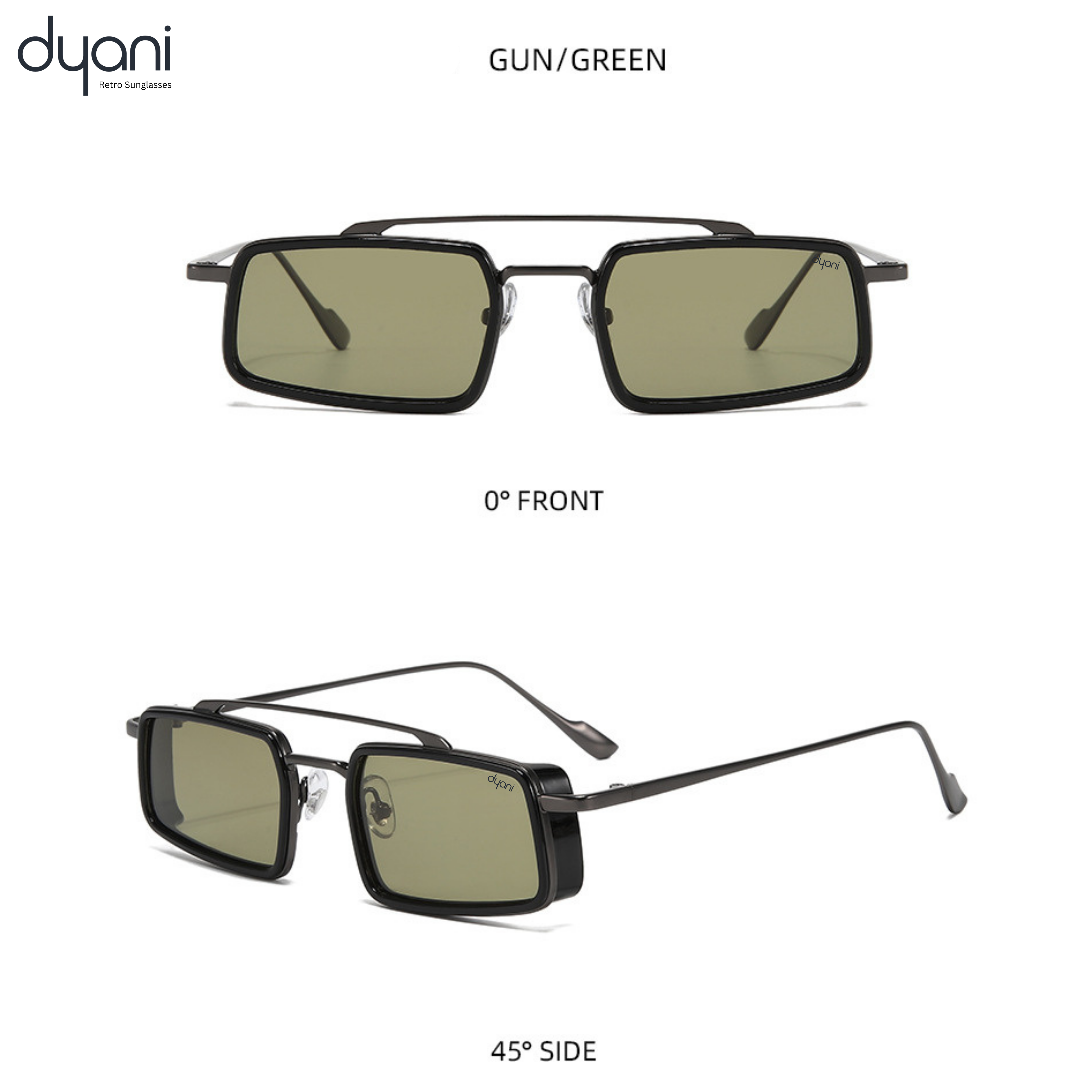The Zaza eyewear in Gun/Green, showcasing sleek minimalist frames with bold lenses, perfect for stylish rooftop lounges.