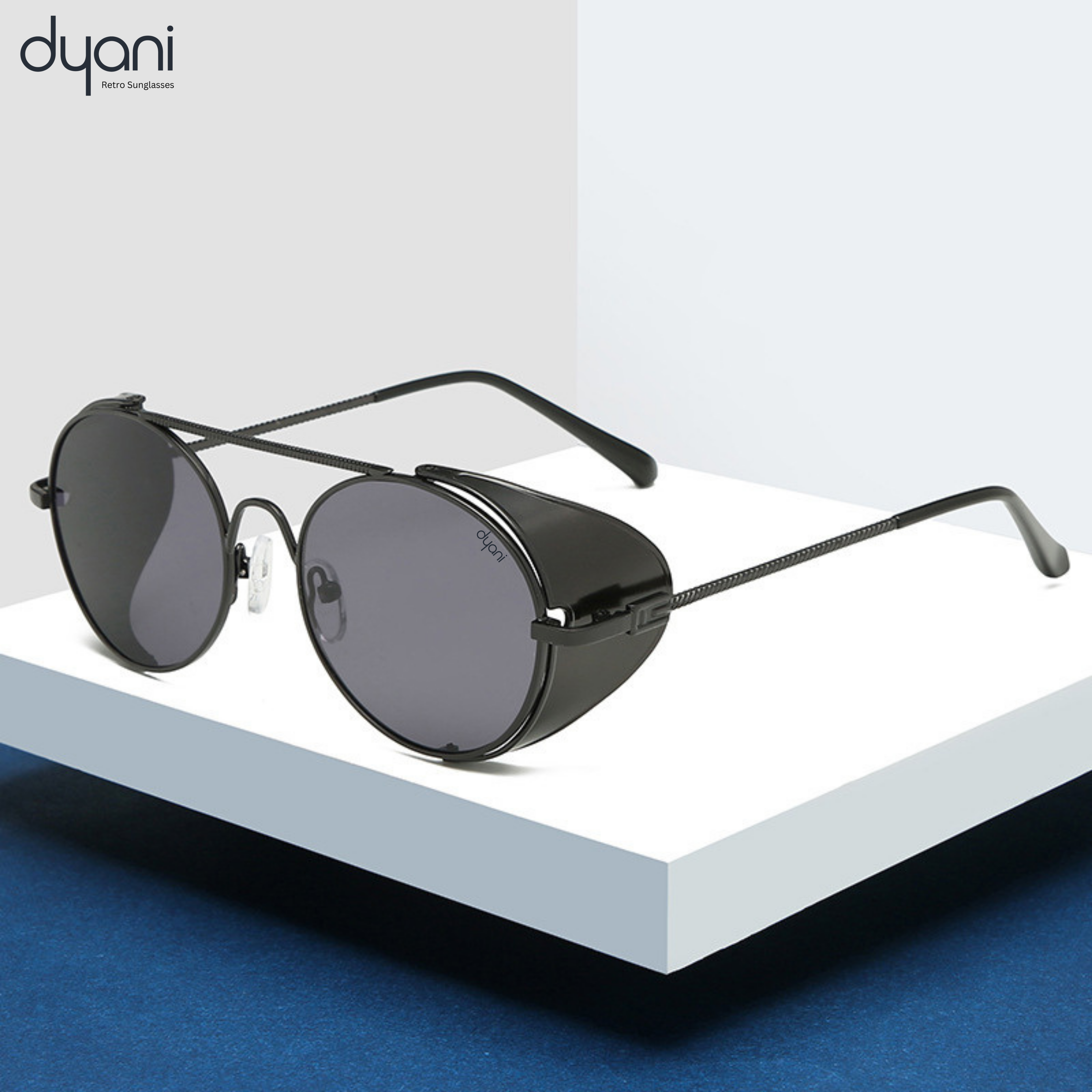 Aviatix sunglasses with round frame and metallic side shields, perfect for festival, desert adventures, or parties like Burning Man.