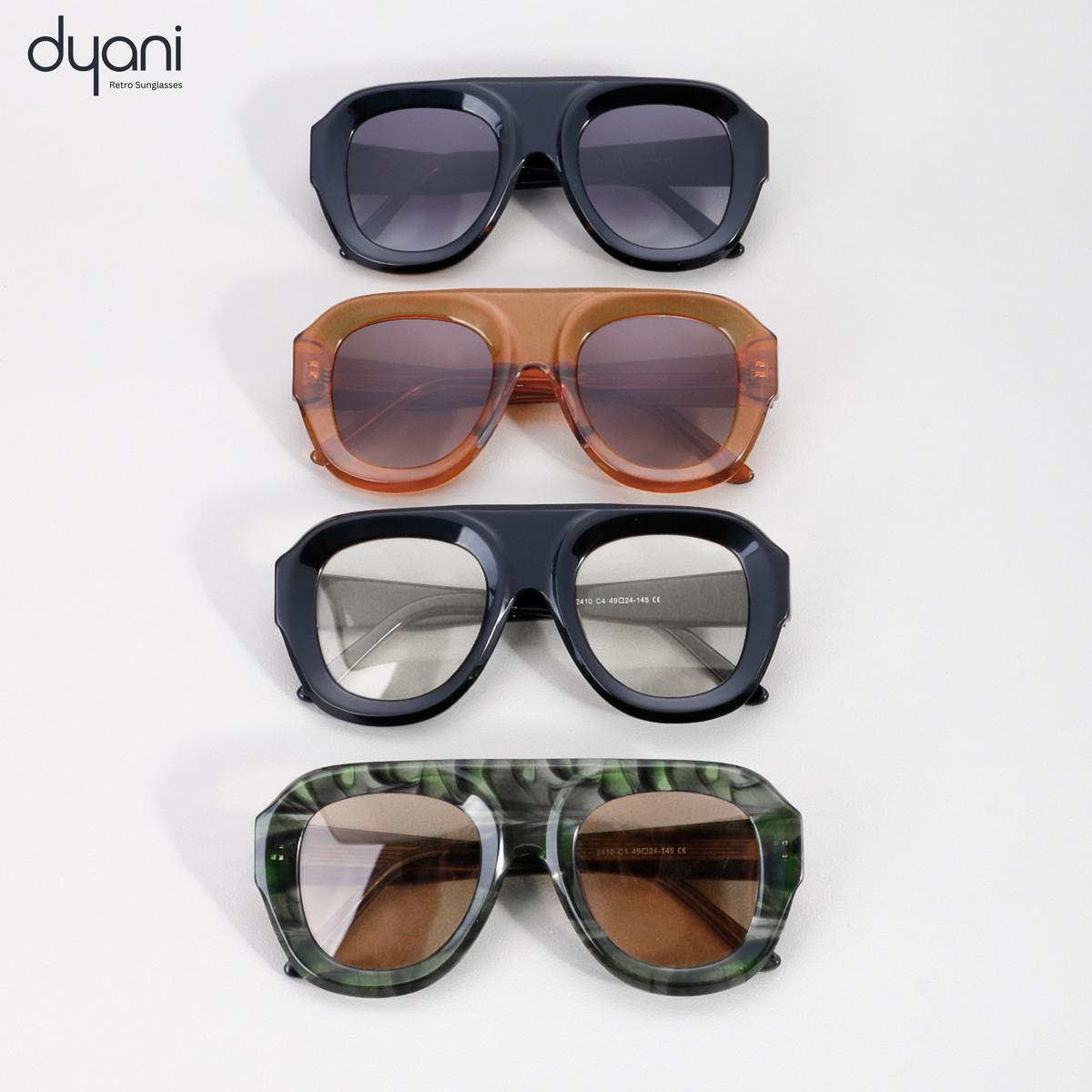 Bold Velora acetate sunglasses by Dyani, featuring rounded frames with gradient UV400 lenses in assorted retro-modern styles.