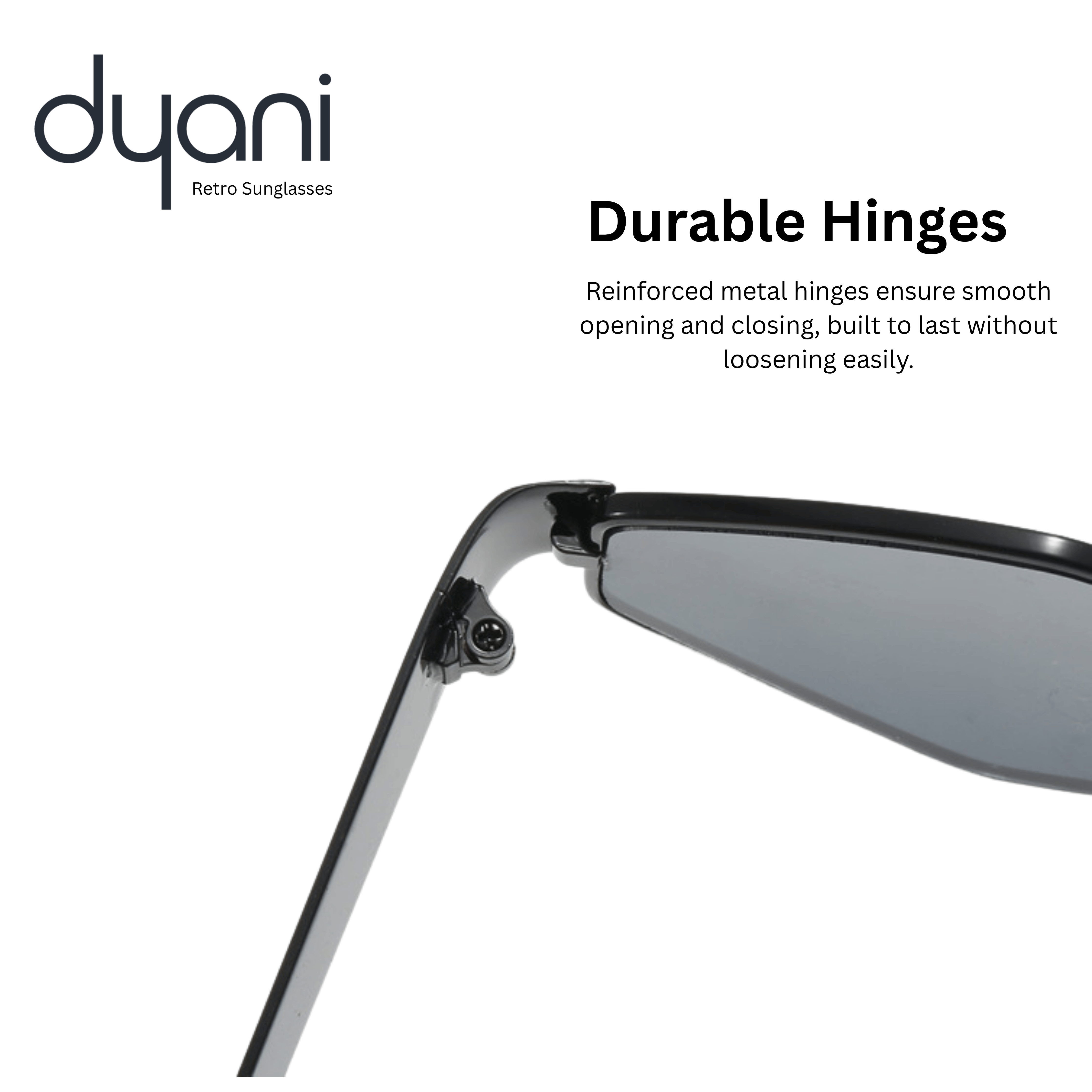 Dyani retro sunglasses highlighting durable metal hinges for smooth opening and closing, ensuring long-lasting performance.