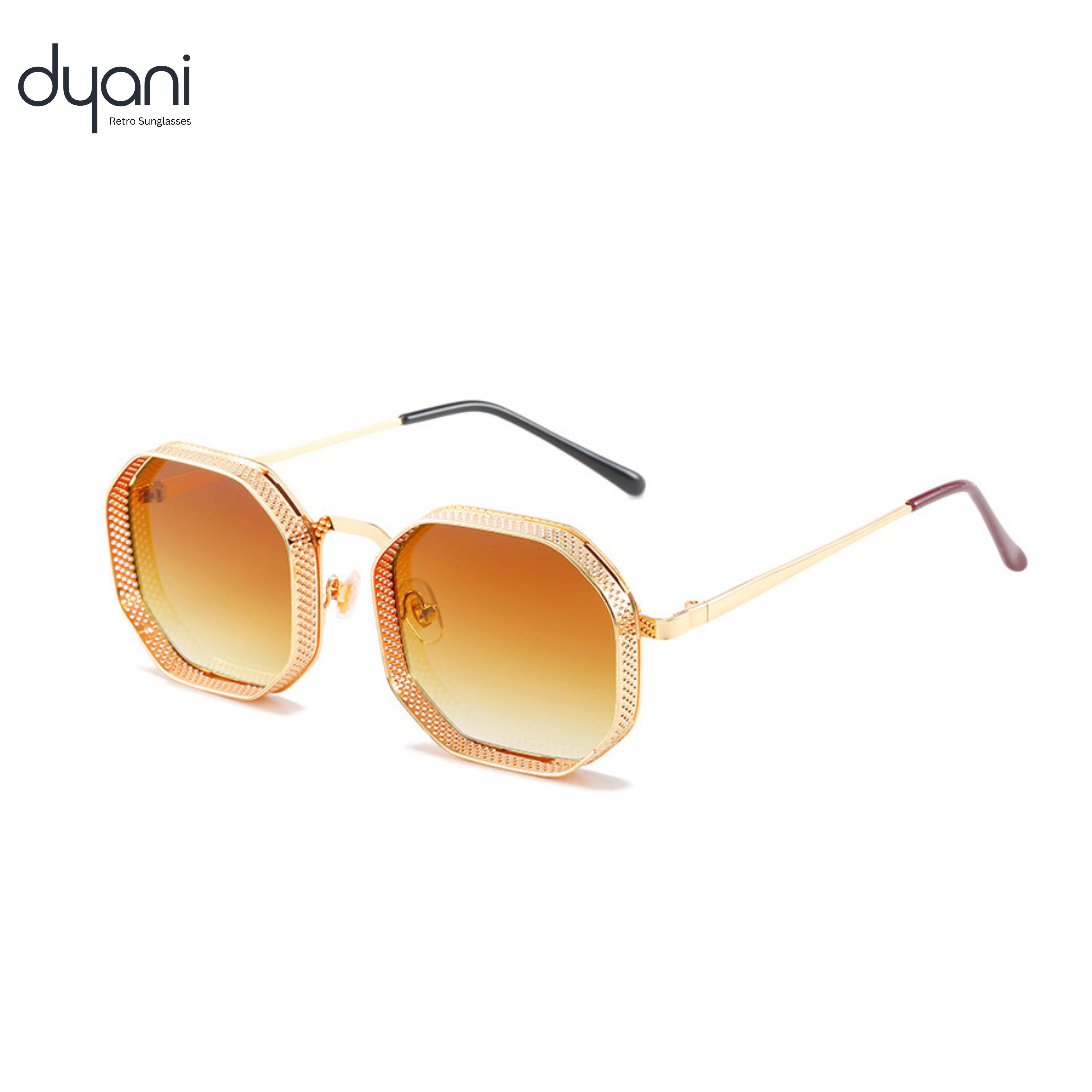 The Hex steampunk sunglasses by Dyani with metal frame and hollow details, perfect blend of style and function.