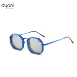 Dyani The Hex blue metal frame sunglasses with steampunk design, perfect blend of style and function, shown against a white background.