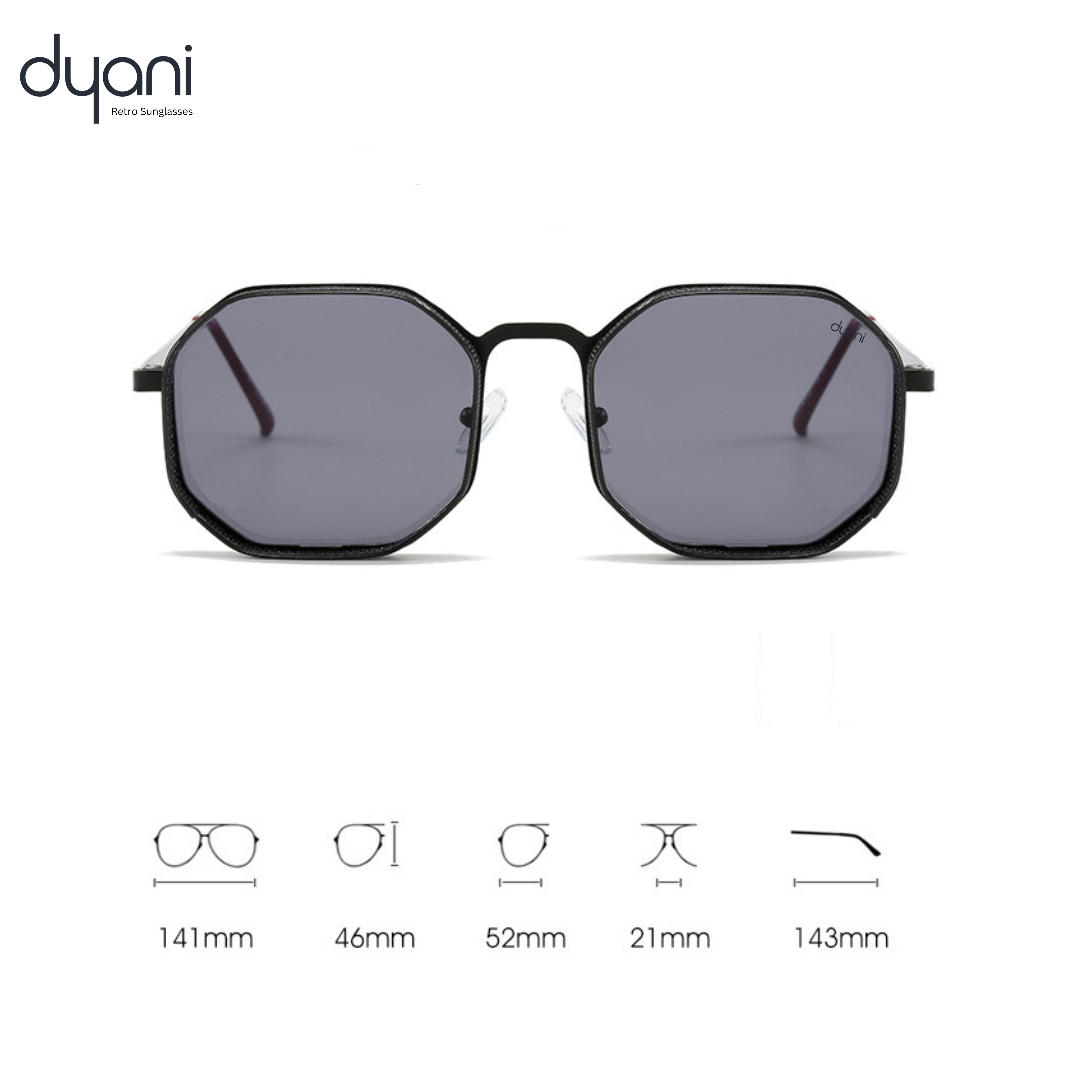 Stylish Dyani 'The Hex' sunglasses with a metal frame, vintage steampunk design, and 100% UV protection lenses.
