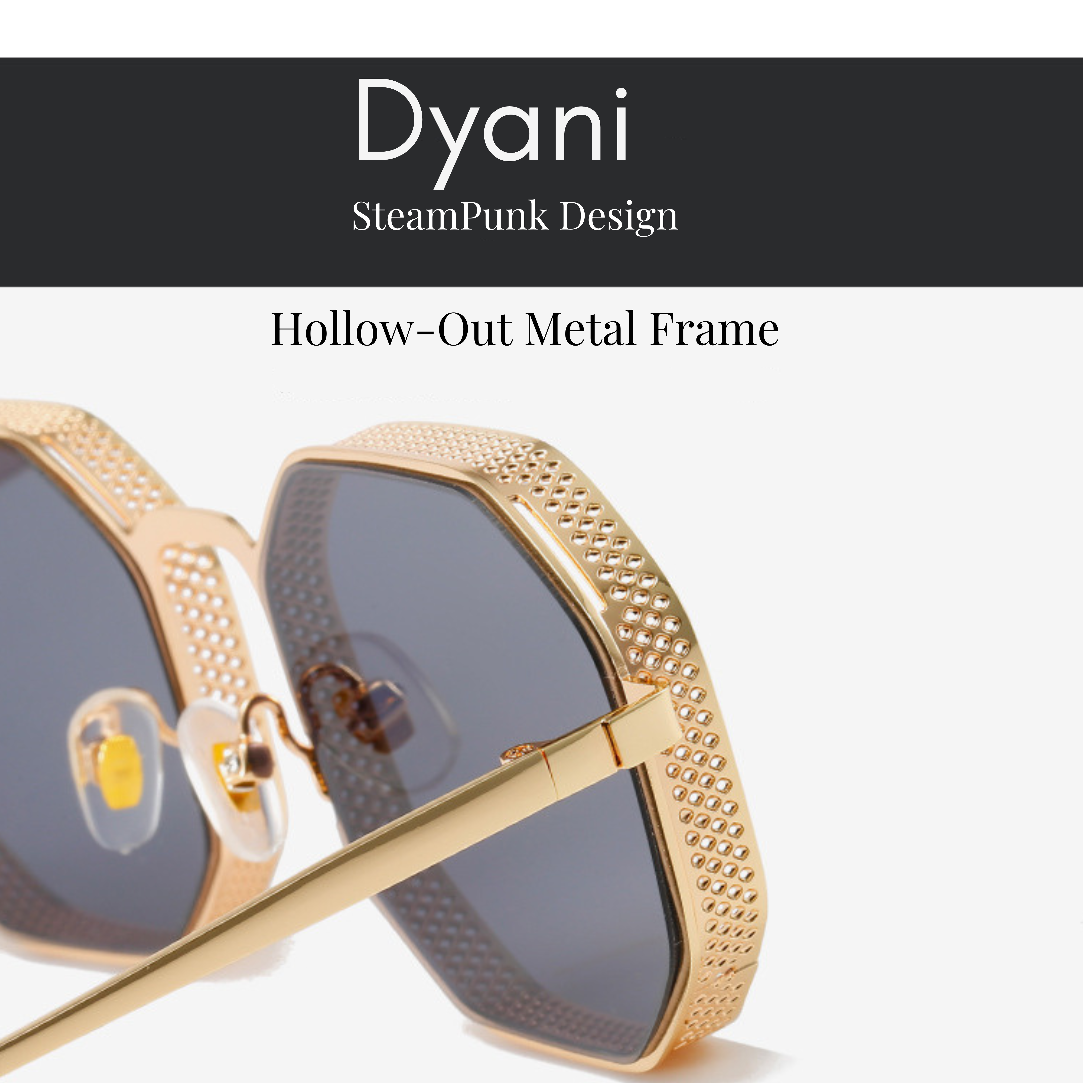 Stylish Dyani 'The Hex' sunglasses with metal frame, unique steampunk design, and hollow-out details for a vintage fashion statement.