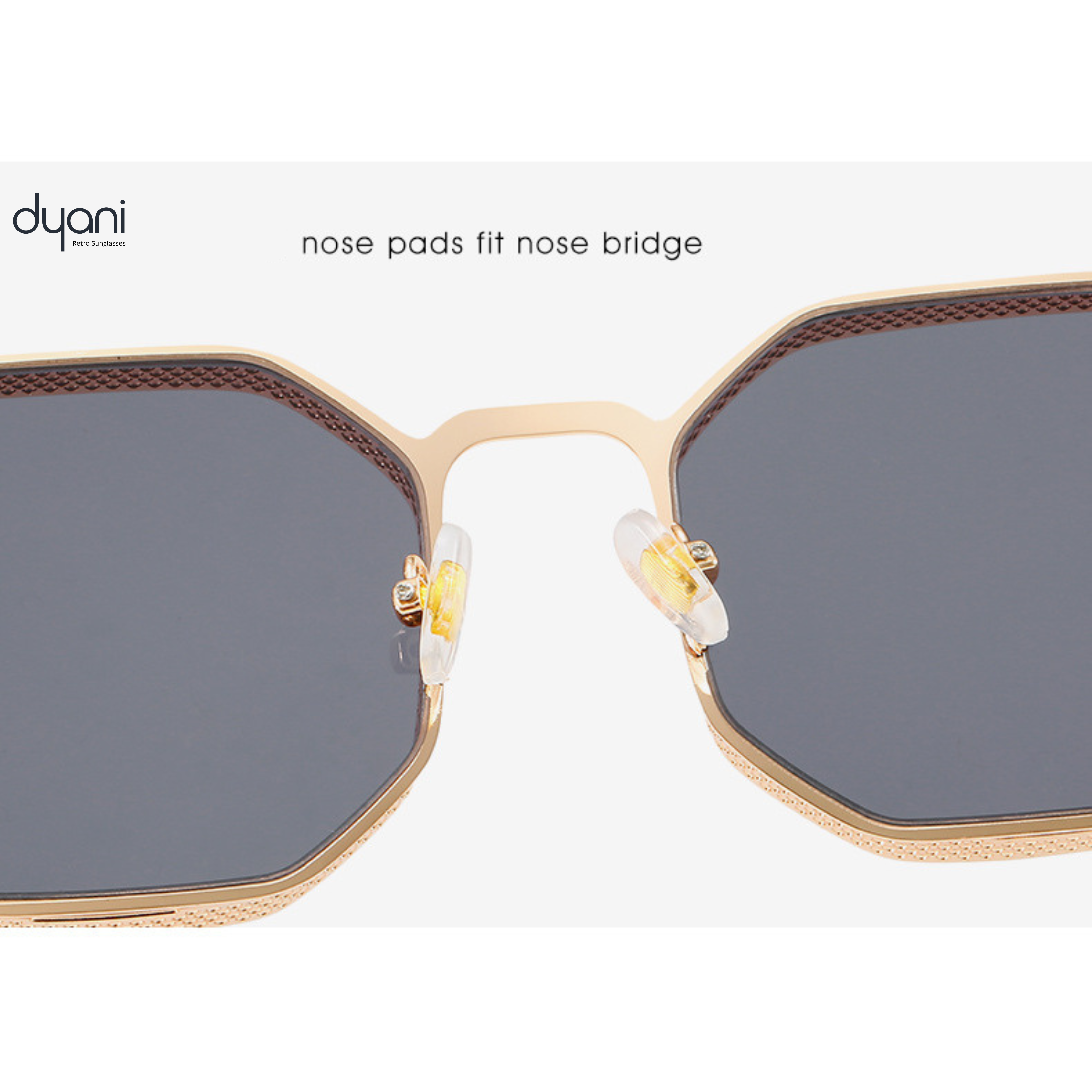 Close-up of Dyani The Hex sunglasses with metal frame and adjustable nose pads for comfort.