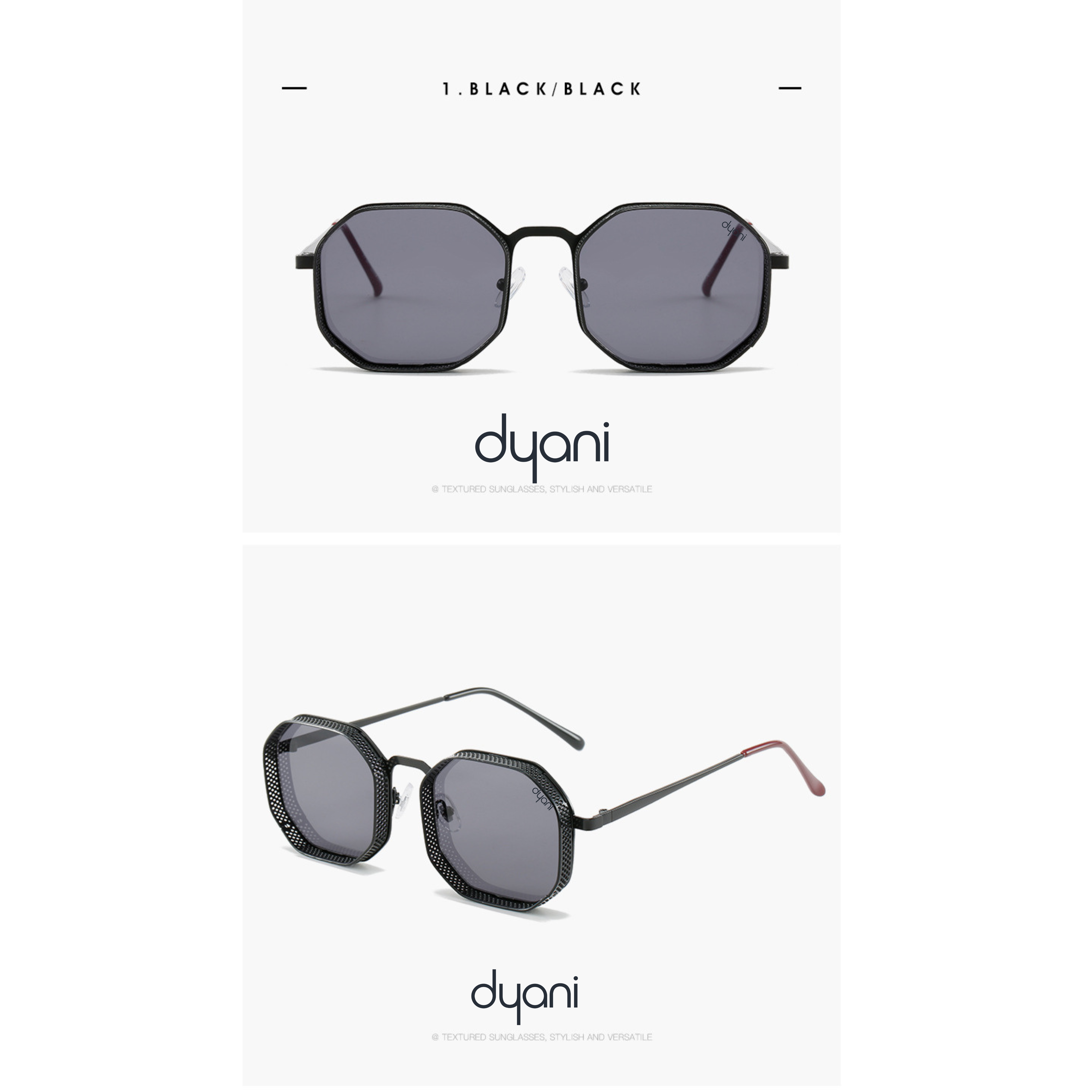 Stylish Dyani 'The Hex' sunglasses with a black metal frame and vintage steampunk design for a unique fashion statement.