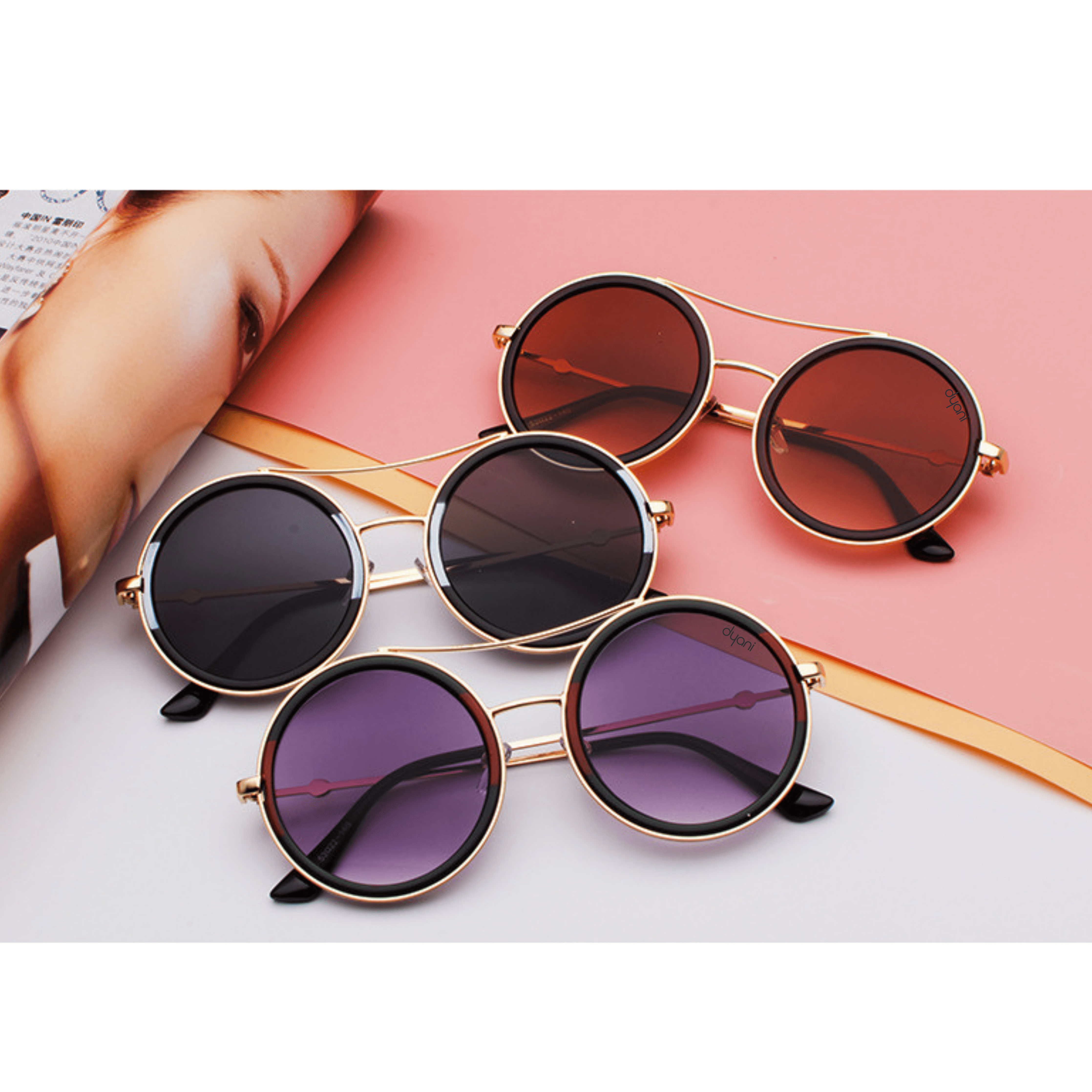 The Altair round-lens sunglasses with metal detailing in gradient purple, bohemian and rockstar-inspired style, multiple color options.
