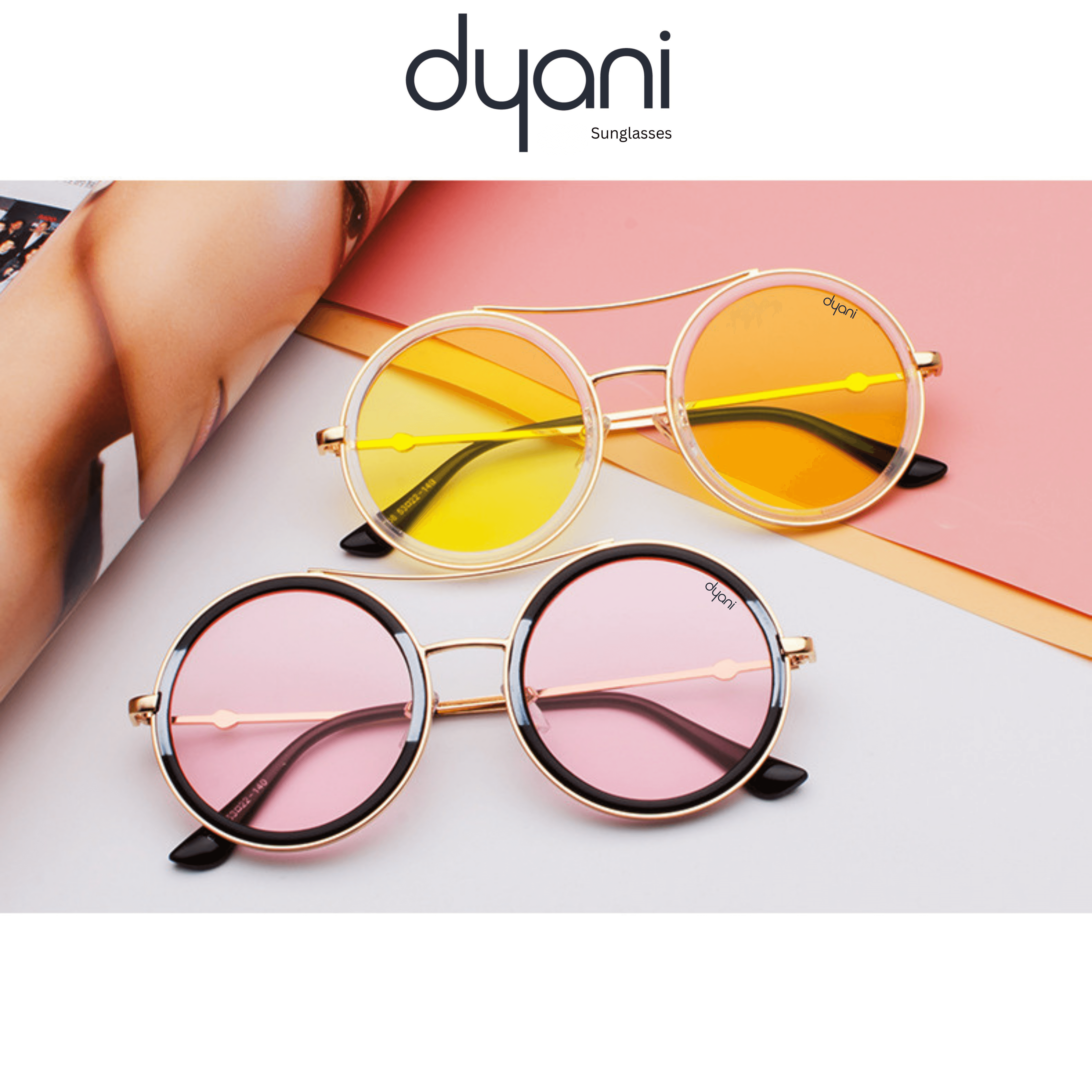 Round-lens sunglasses with metal frames in yellow and pink, featuring classic bohemian and rockstar style, by Dyani.