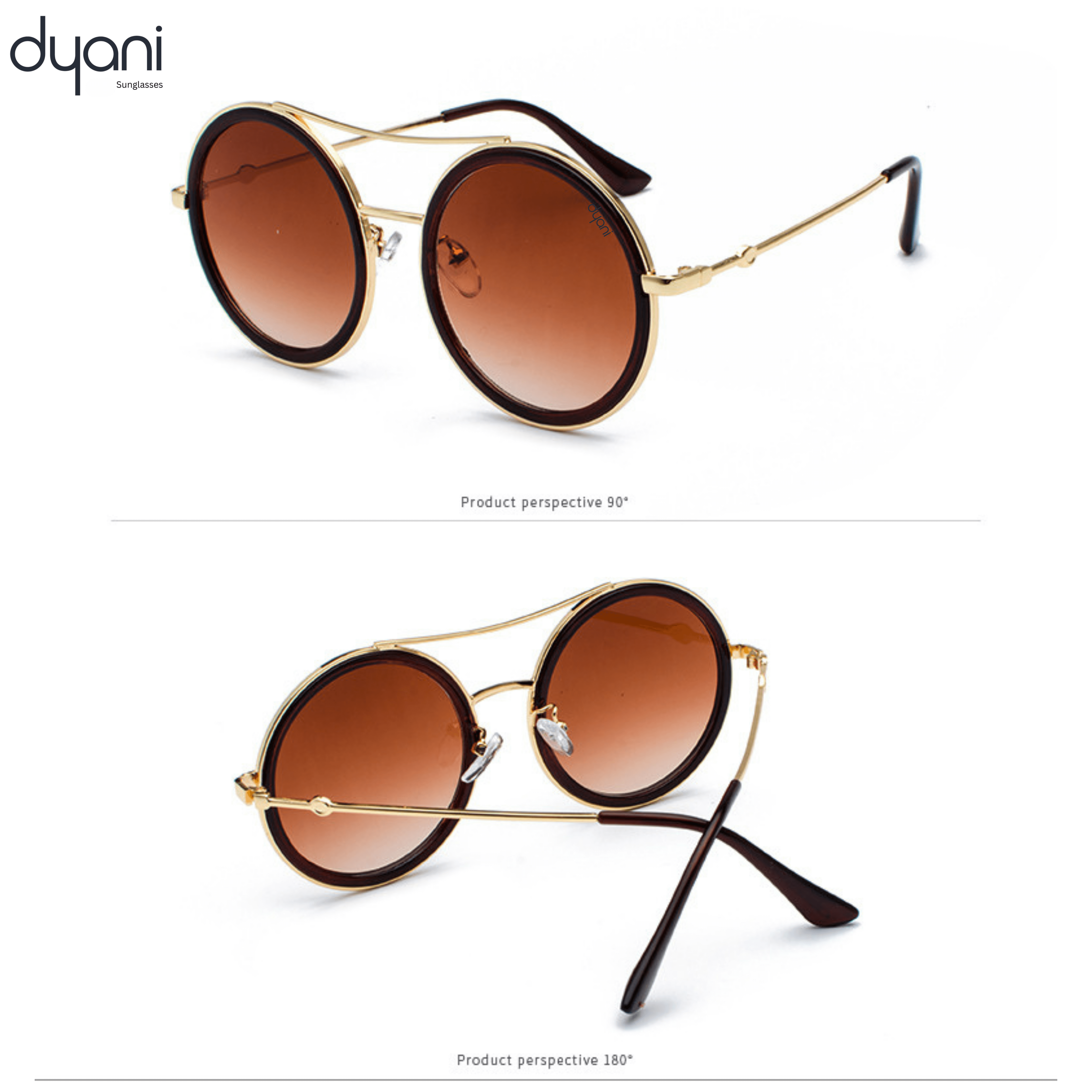 The Altair sunglasses with round lenses and metal detailing for a bohemian rockstar style, shown in two perspectives.