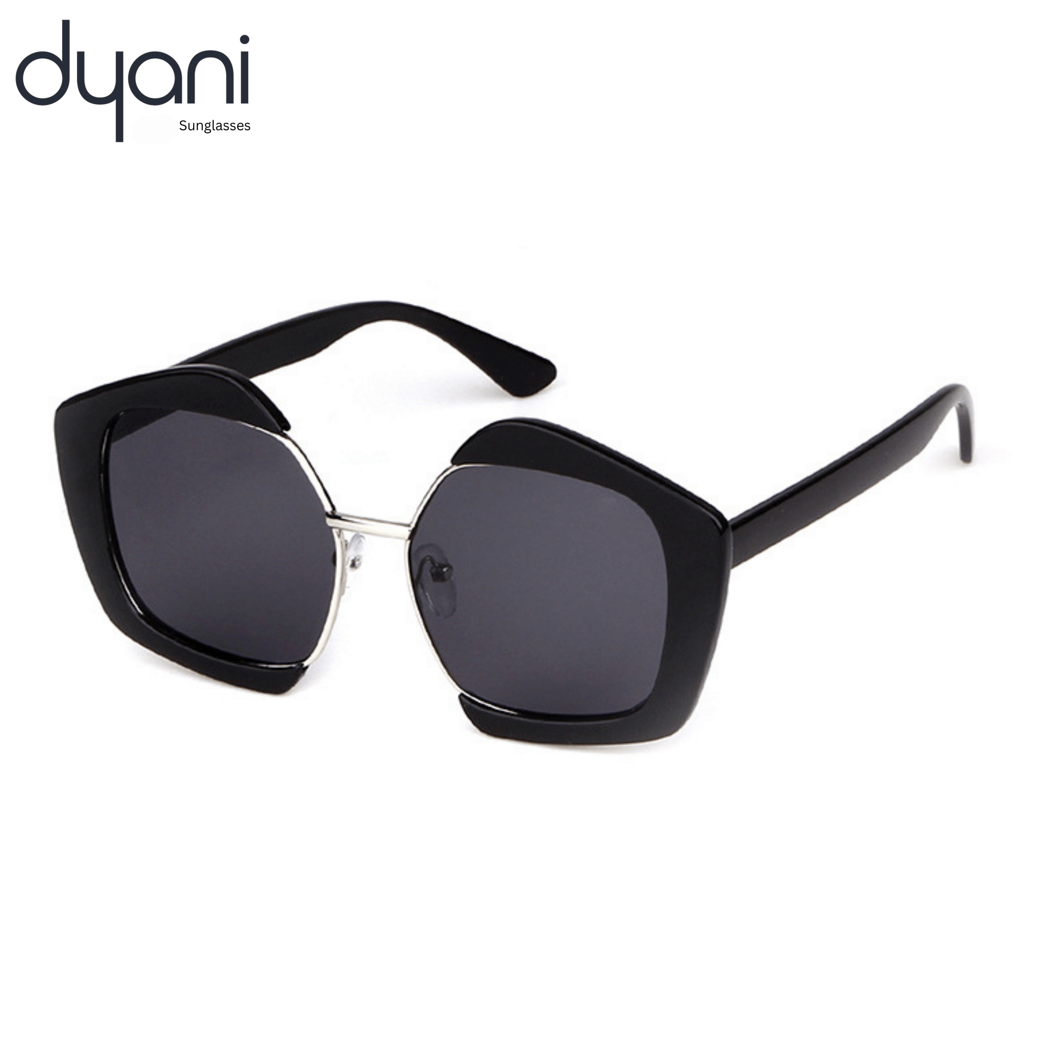 The Bellara sunglasses with high-volume square frames and polished metal bridge in glossy noir, ideal for stylish outfits.