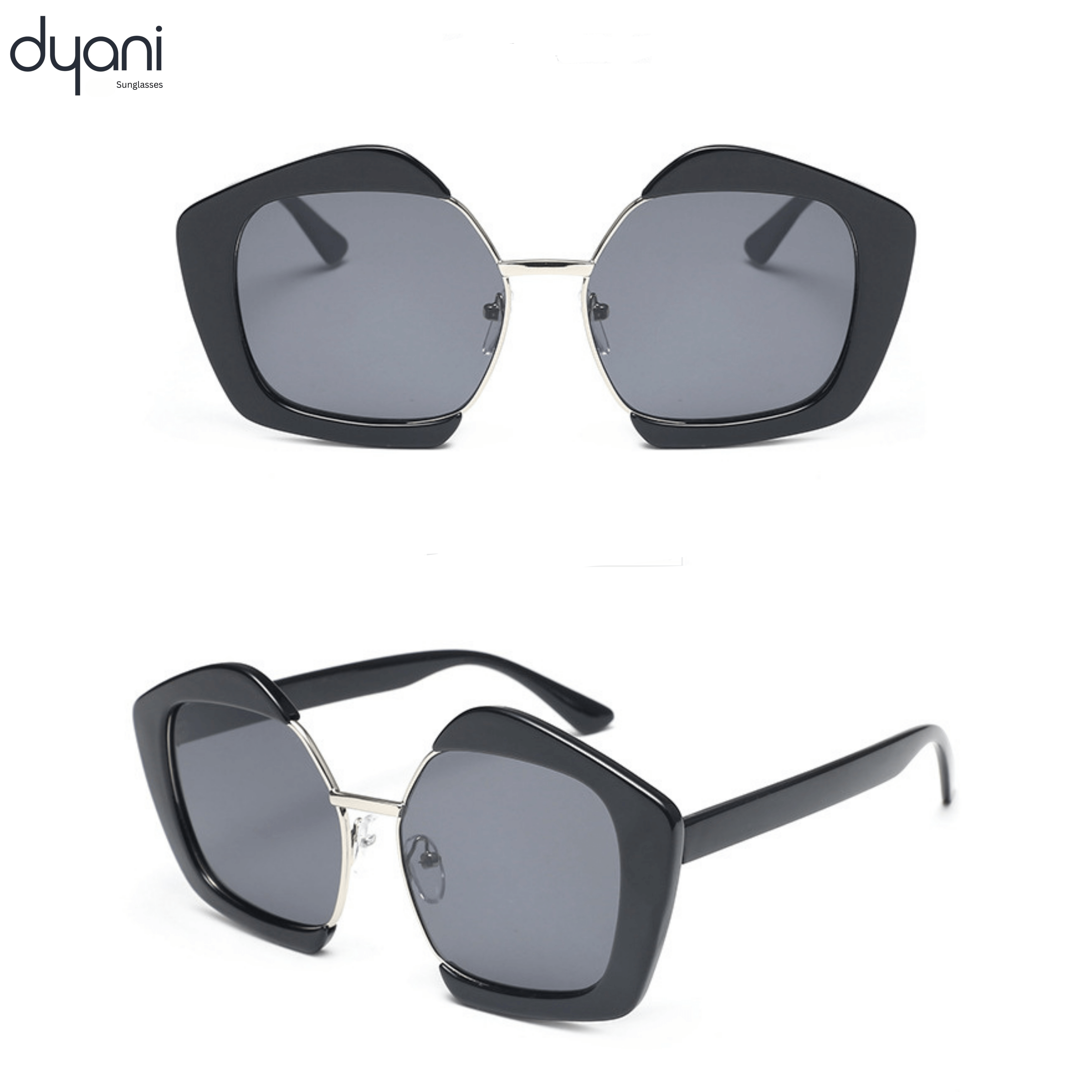 The Bellara sunglasses in glossy noir, featuring a high-volume square frame with curved edges and a polished metal bridge.
