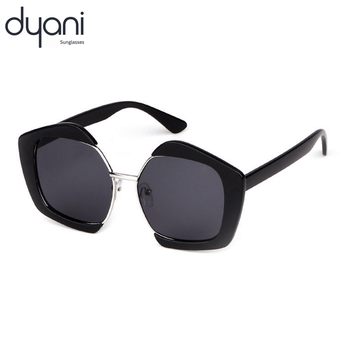 The Bellara sunglasses with high-volume square frames and polished metal bridge in glossy noir, ideal for stylish outfits.