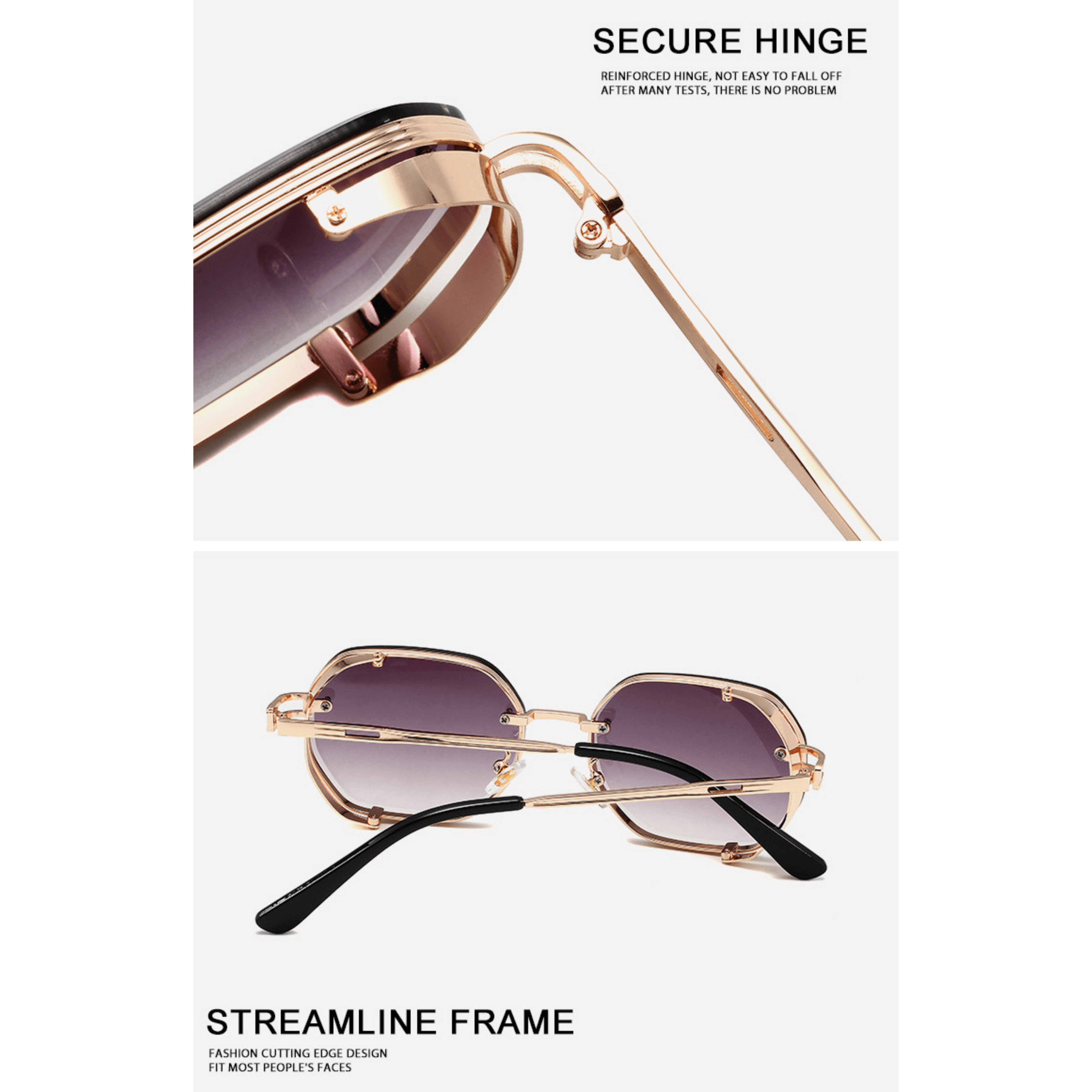 The Aurex Sunglasses with gold frame and mirror legs on a white background