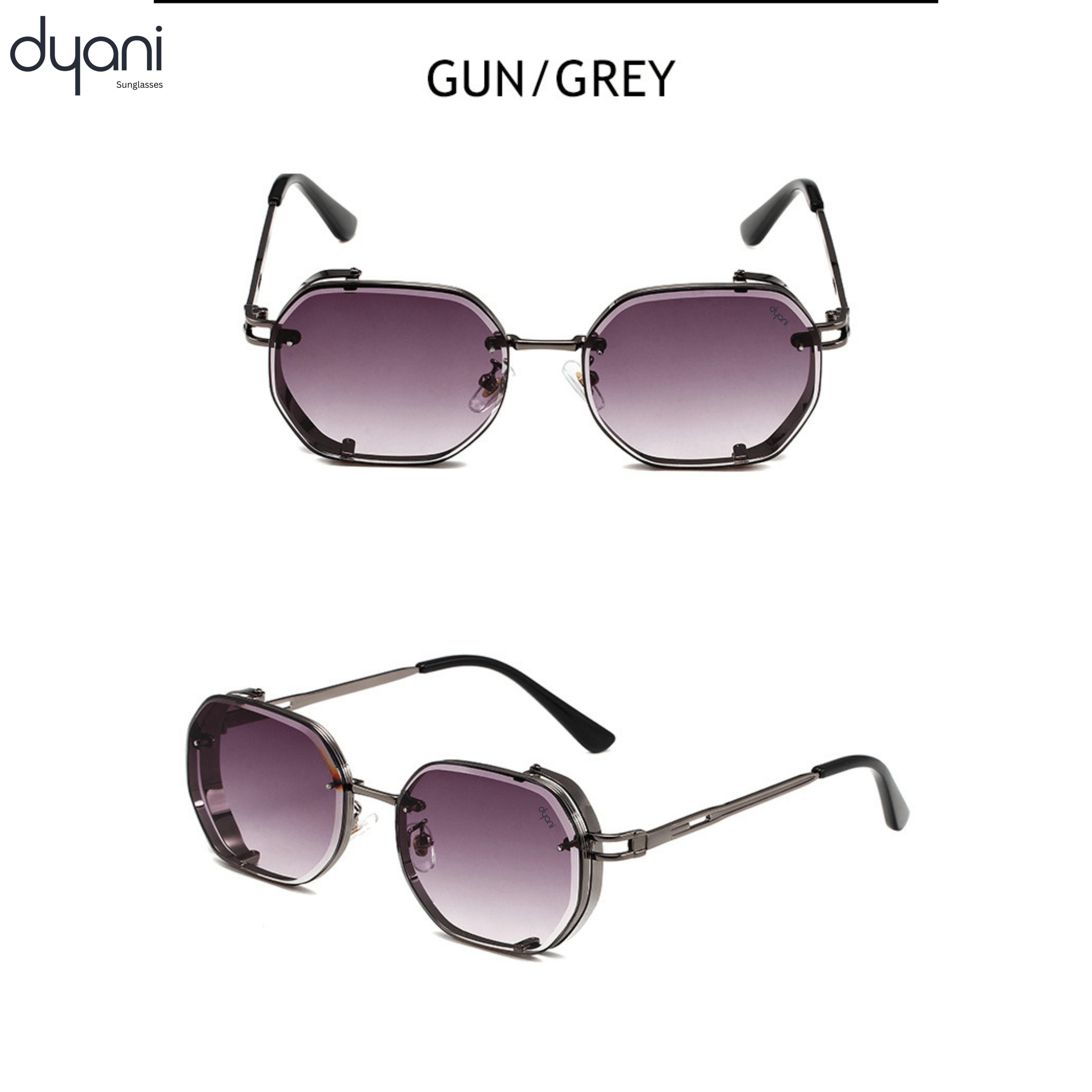Sunglasses with gradient purple lenses and metal frame on a white background, branded 'dyani'.