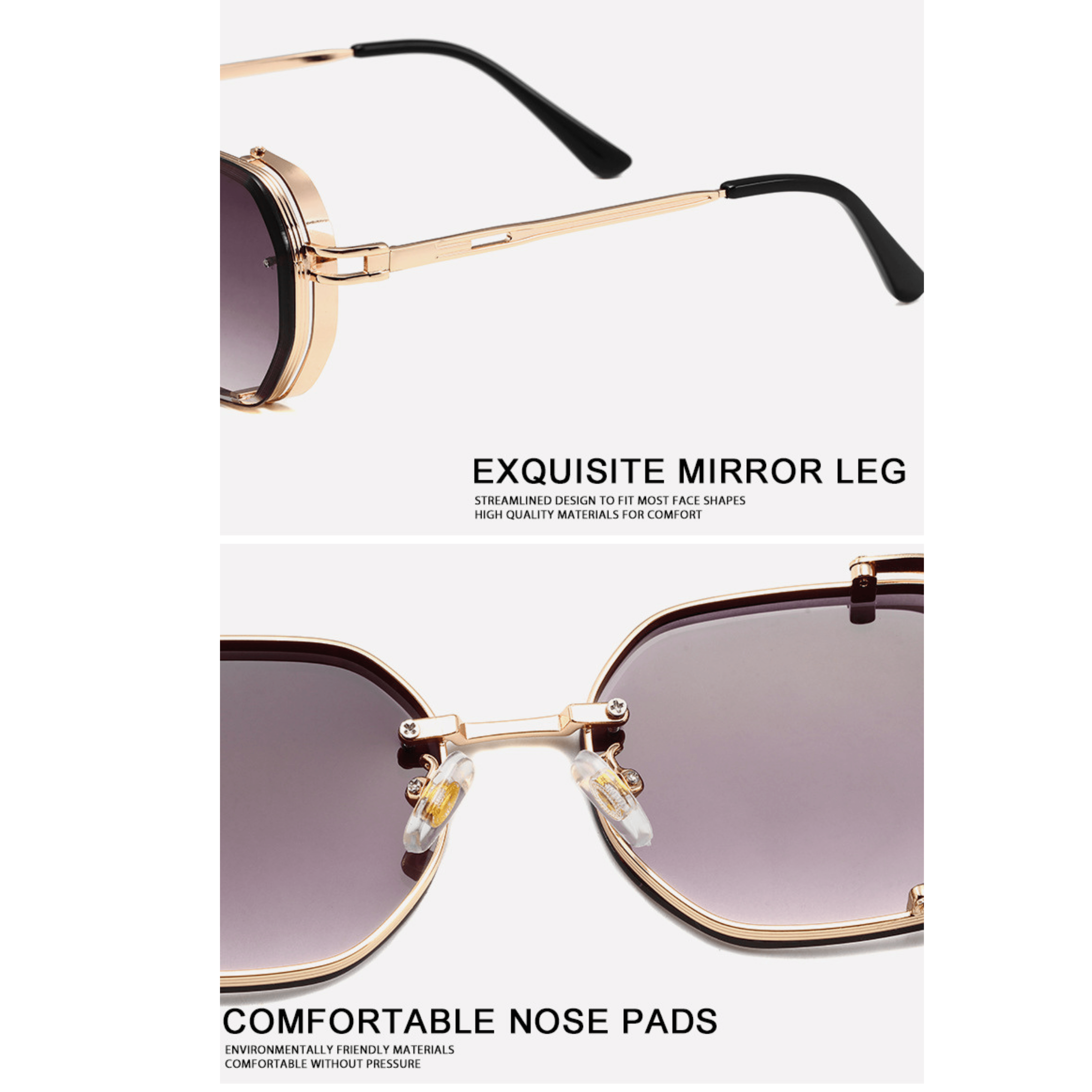 Sunglasses with gold frame and mirror legs on a white background