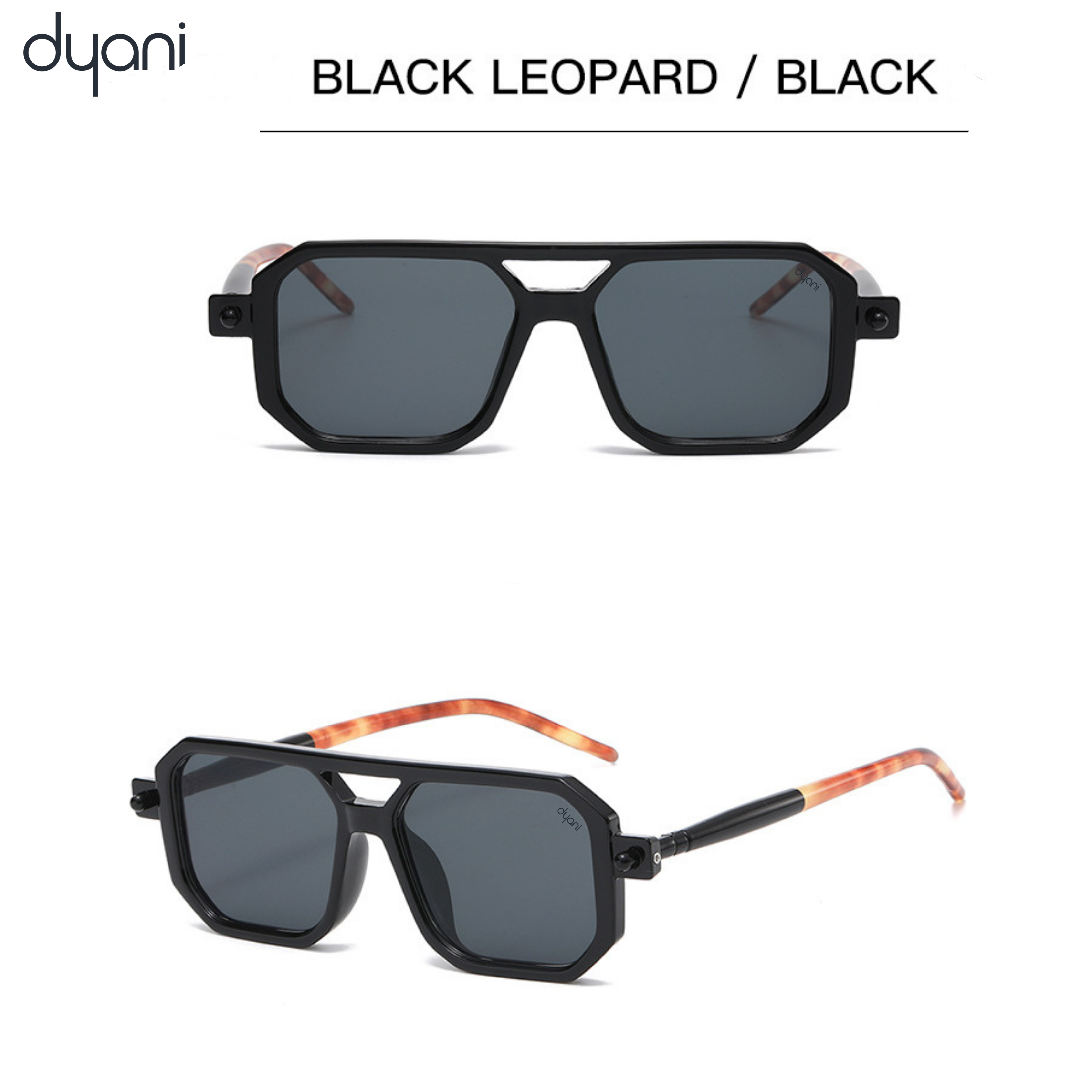The Prismatik sunglasses in black leopard print with sharp-angled frame and tinted lenses, perfect for city and creative spaces.