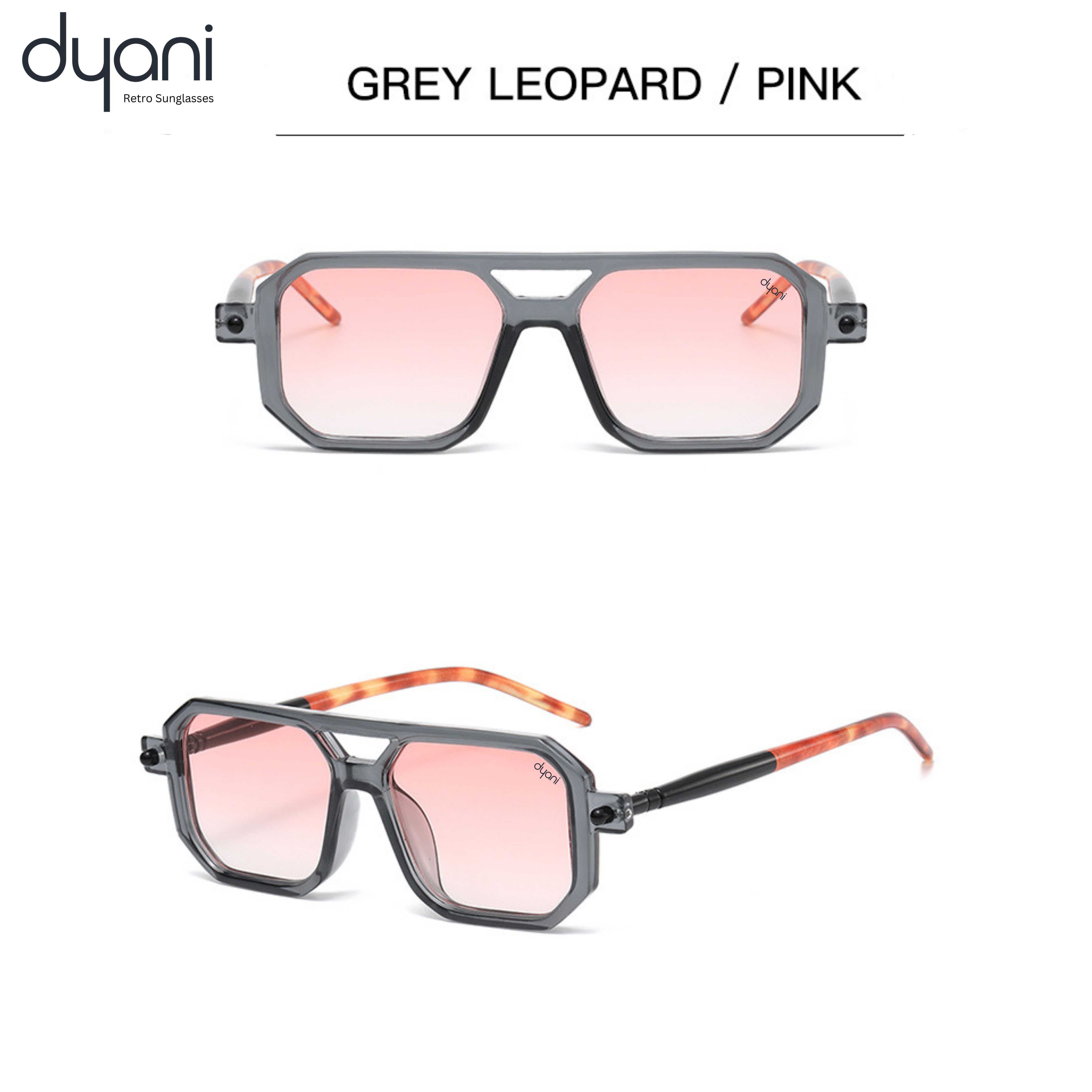 Stylish Prismatik sunglasses in grey leopard with pink lenses, retro-modern design for urban and creative spaces. Dyani brand.