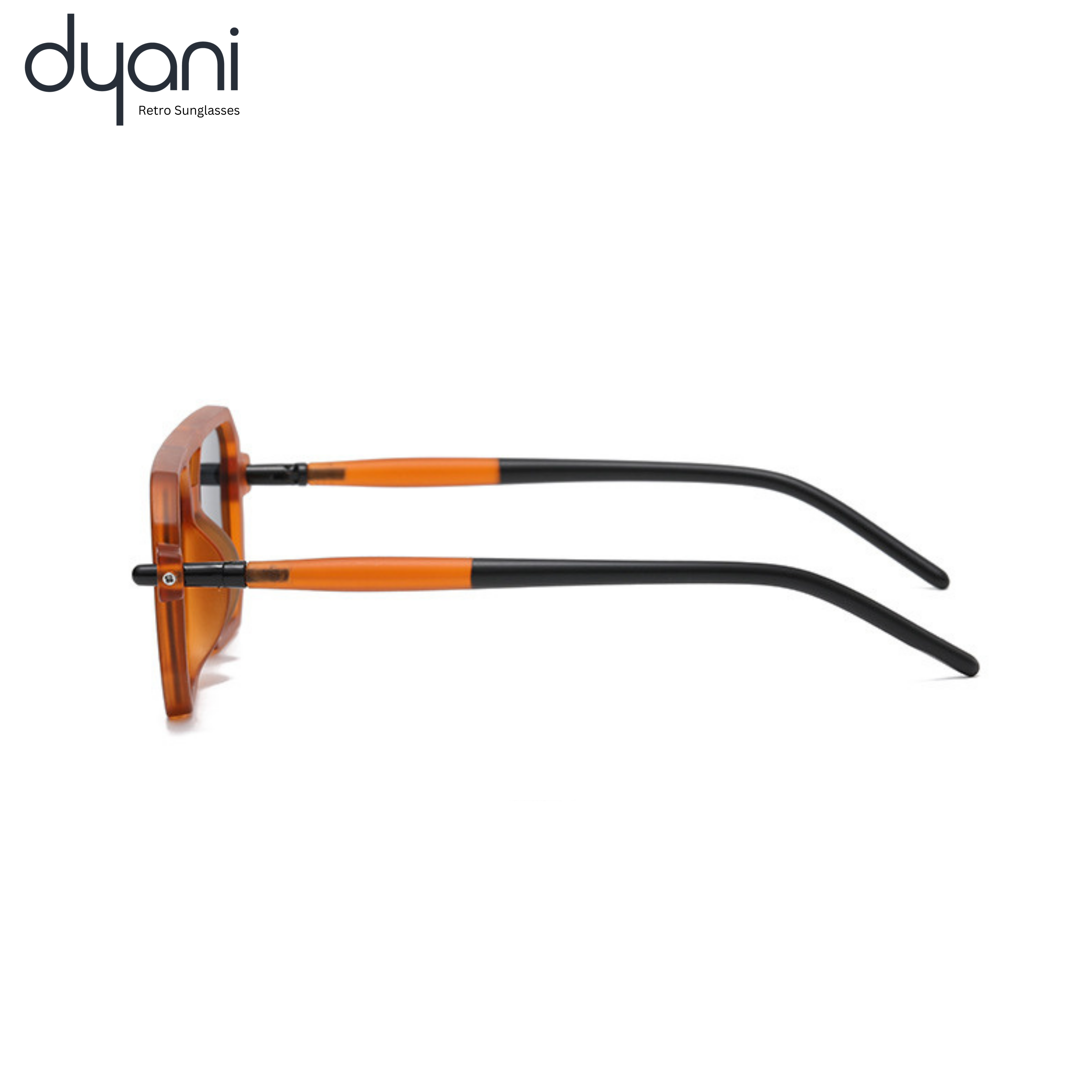 Orange sunglasses with black arms on a white background, featuring the Dyani brand.