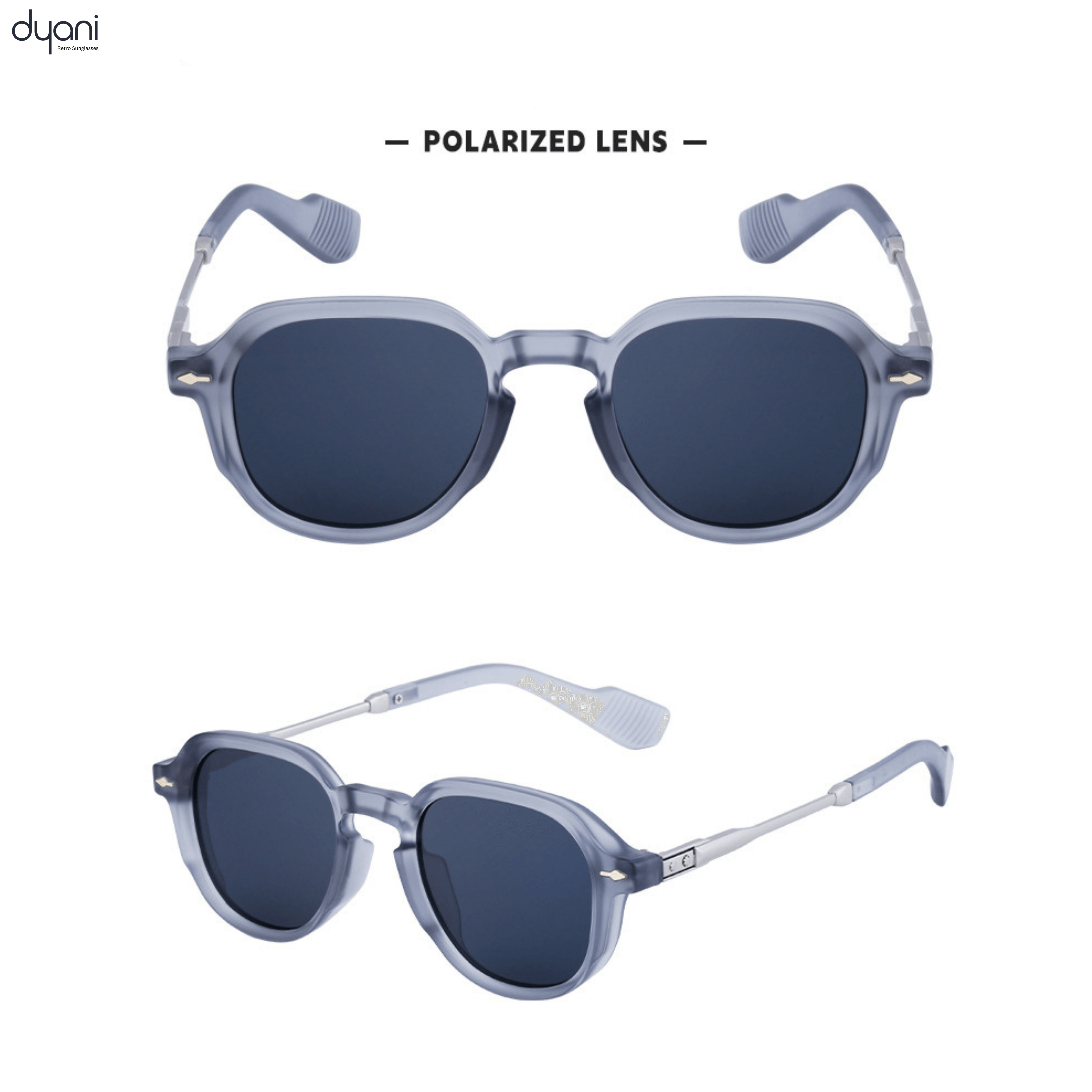 Sunglasses with transparent gray frame and dark lenses on a white background